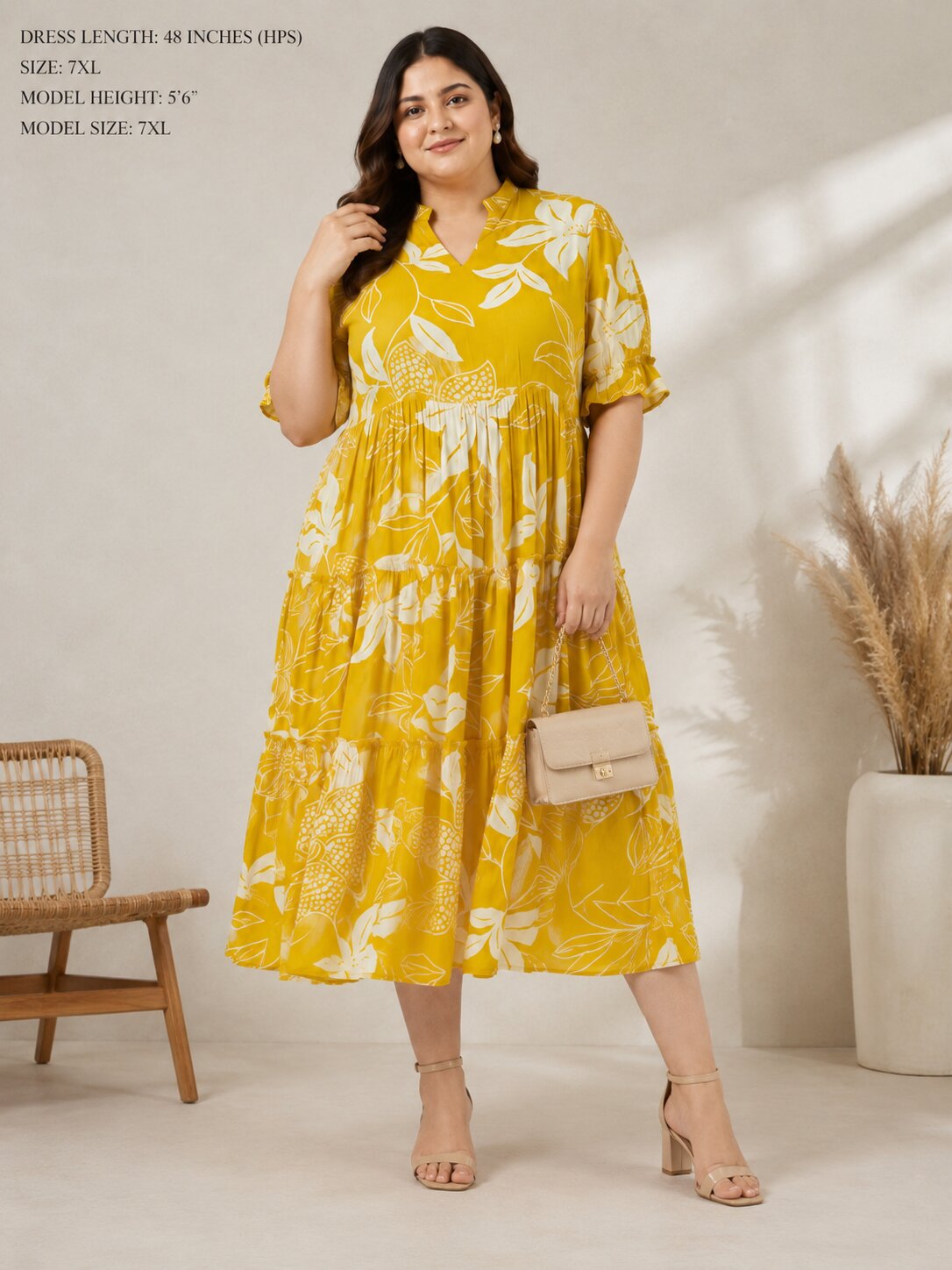 U&F Beyond Plus Size Cotton Yellow Floral Printed Tiered Midi Dress