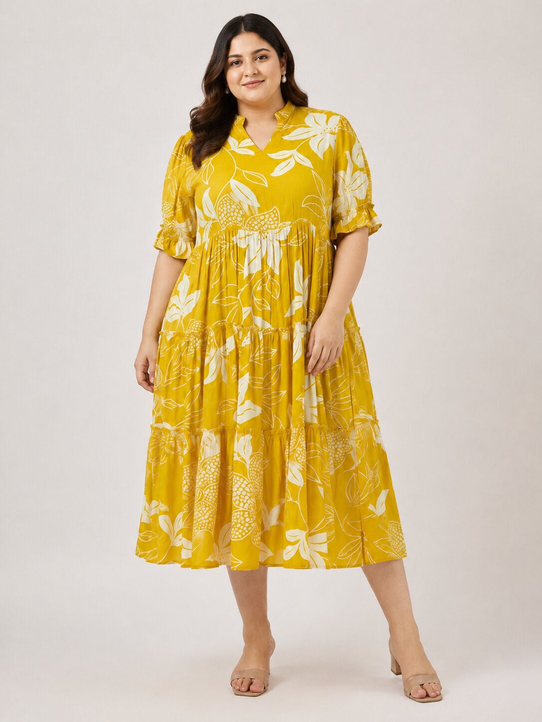 U&F Beyond Plus Size Cotton Yellow Floral Printed Tiered Midi Dress