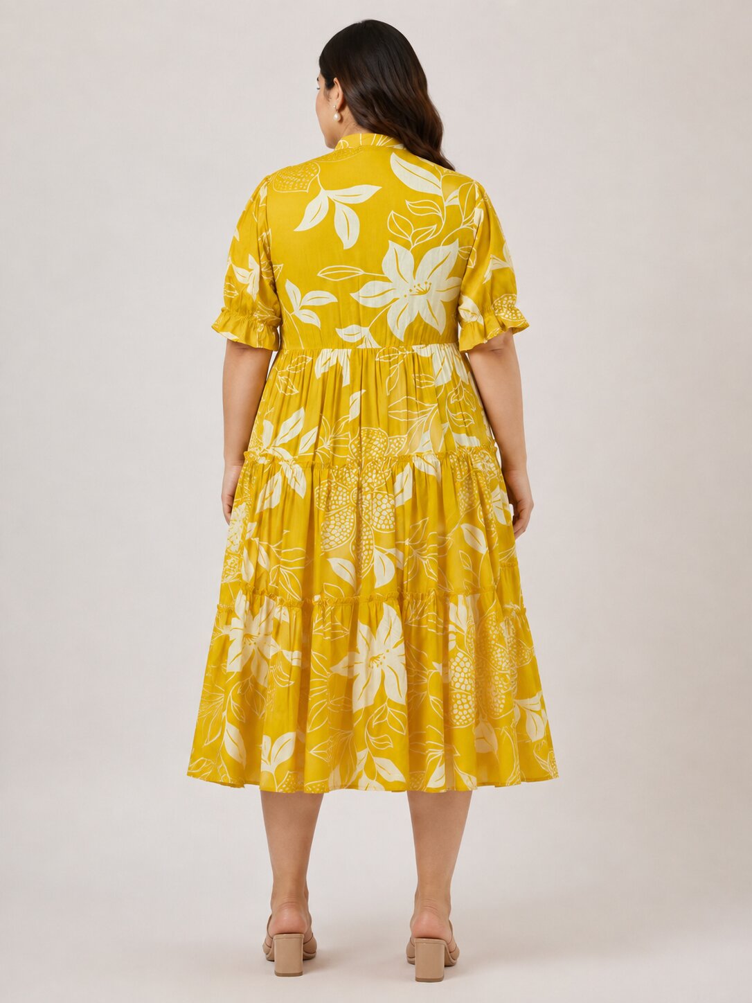 U&F Beyond Plus Size Cotton Yellow Floral Printed Tiered Midi Dress