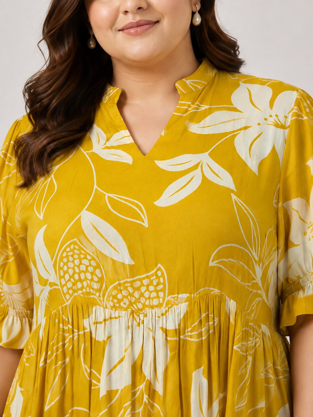 U&F Beyond Plus Size Cotton Yellow Floral Printed Tiered Midi Dress