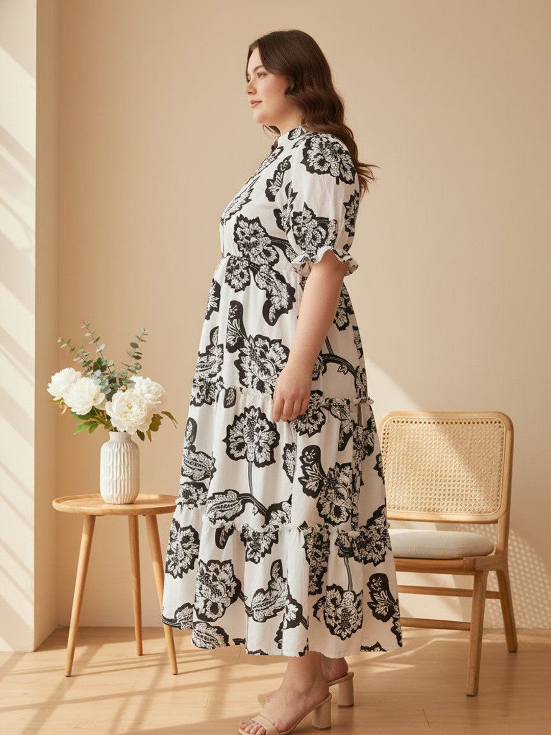 U&F Beyond Women White Monochrome Floral Tiered Midi Dress