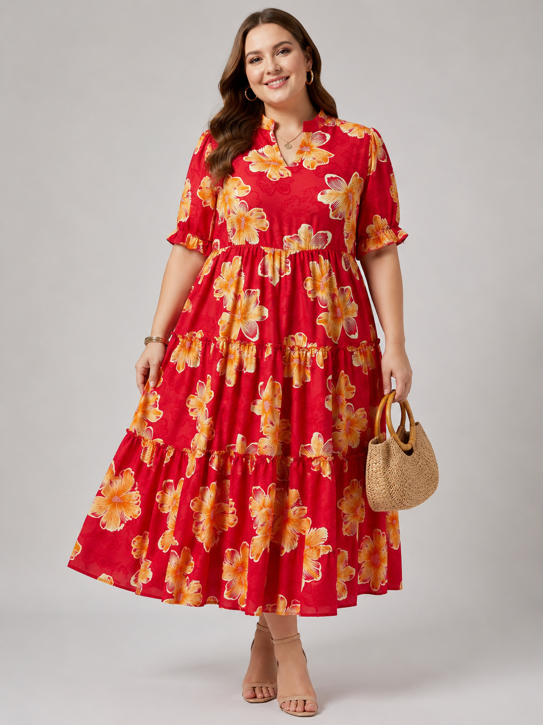 U&F Beyond Plus Size Red Floral Print Tiered Maxi Dress with Mandarin Neck and Ruffle Sleeves