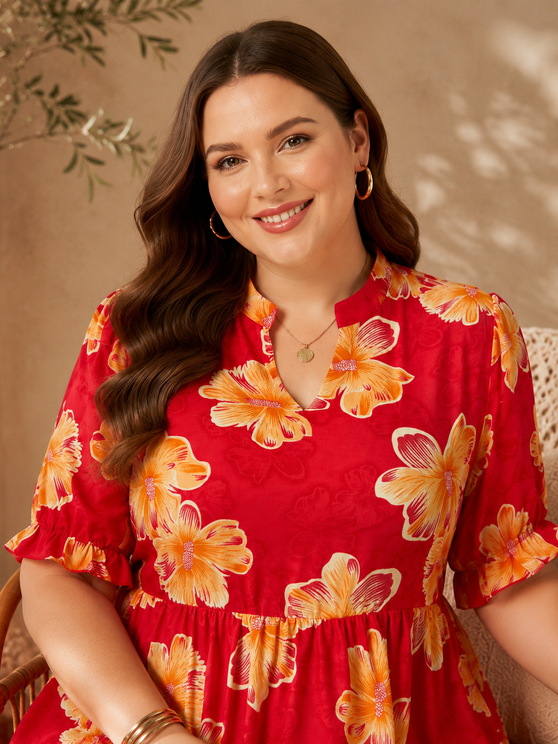 U&F Beyond Plus Size Red Floral Print Tiered Maxi Dress with Mandarin Neck and Ruffle Sleeves
