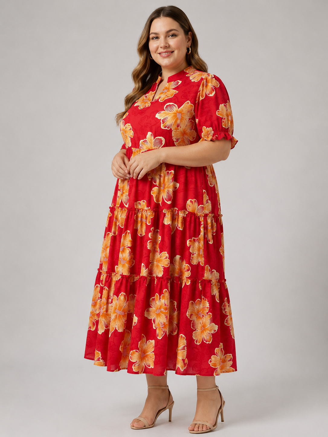 U&F Beyond Plus Size Red Floral Print Tiered Maxi Dress with Mandarin Neck and Ruffle Sleeves