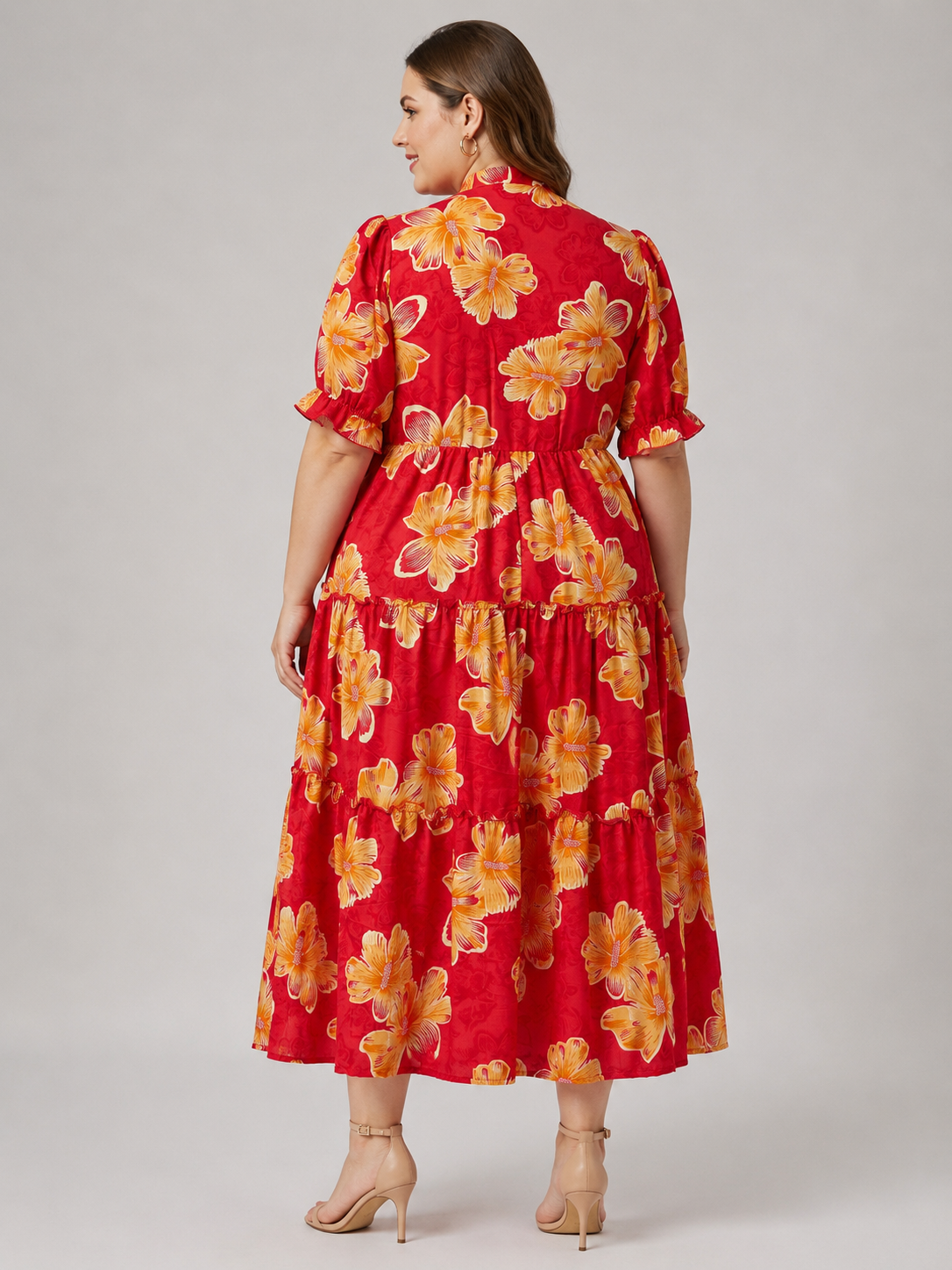 U&F Beyond Plus Size Red Floral Print Tiered Maxi Dress with Mandarin Neck and Ruffle Sleeves