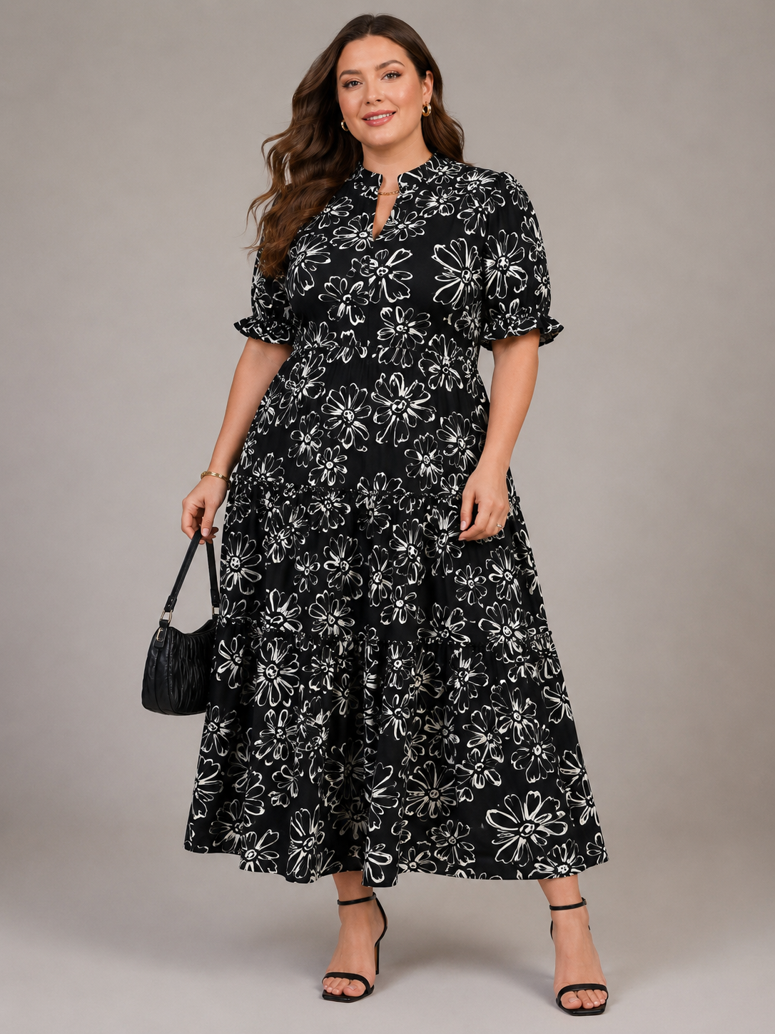 U&F Beyond Plus Size Black Maxi Dress with Mandarin Neck and Ruffle Sleeves