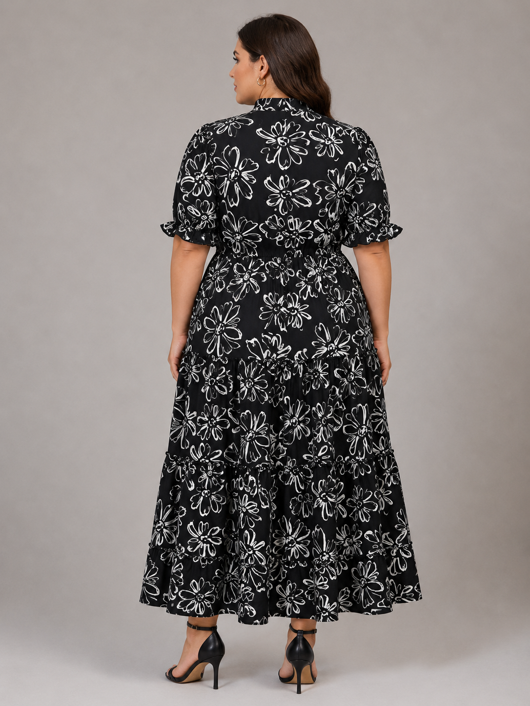 U&F Beyond Plus Size Black Maxi Dress with Mandarin Neck and Ruffle Sleeves
