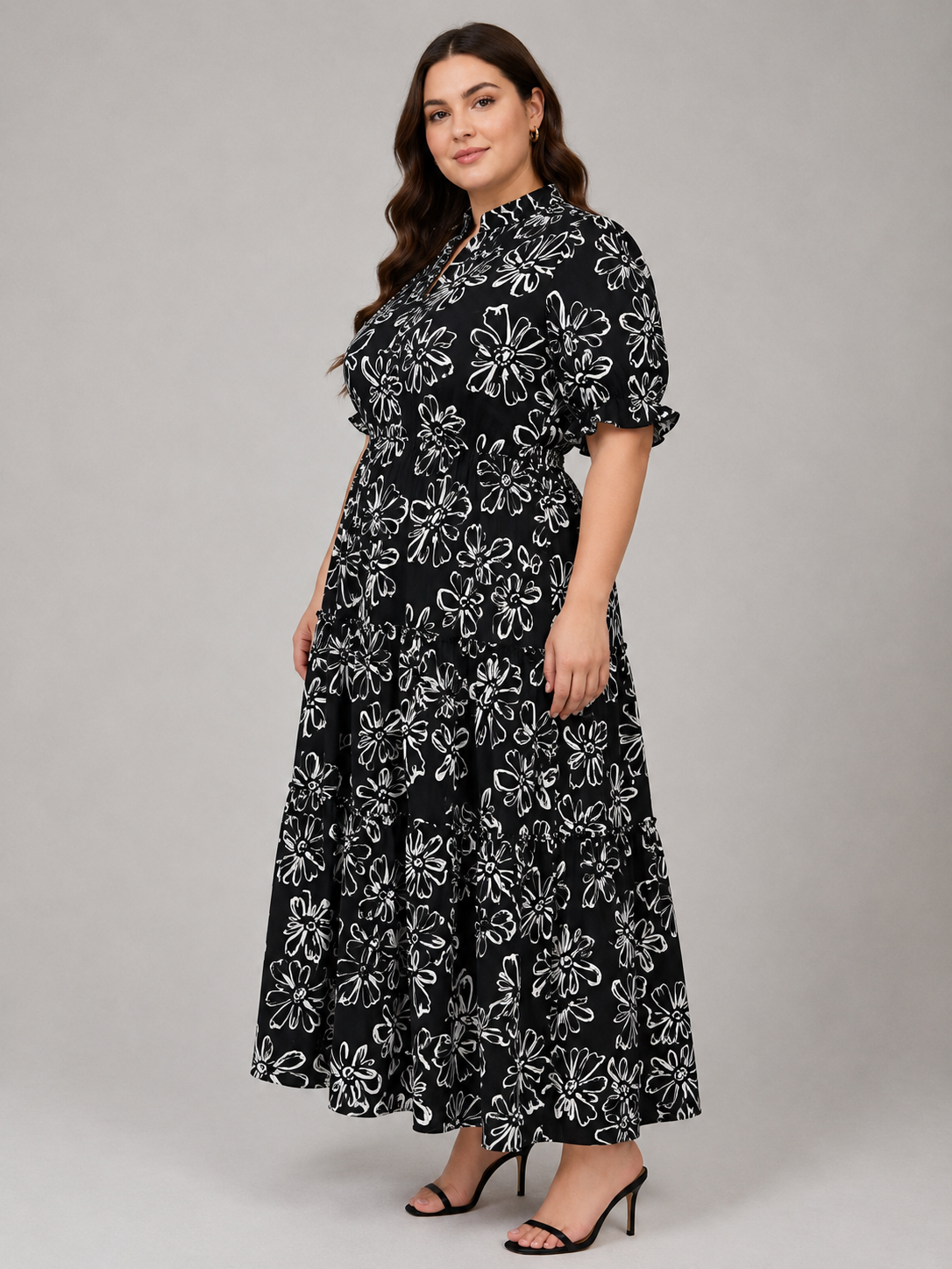 U&F Beyond Plus Size Black Maxi Dress with Mandarin Neck and Ruffle Sleeves