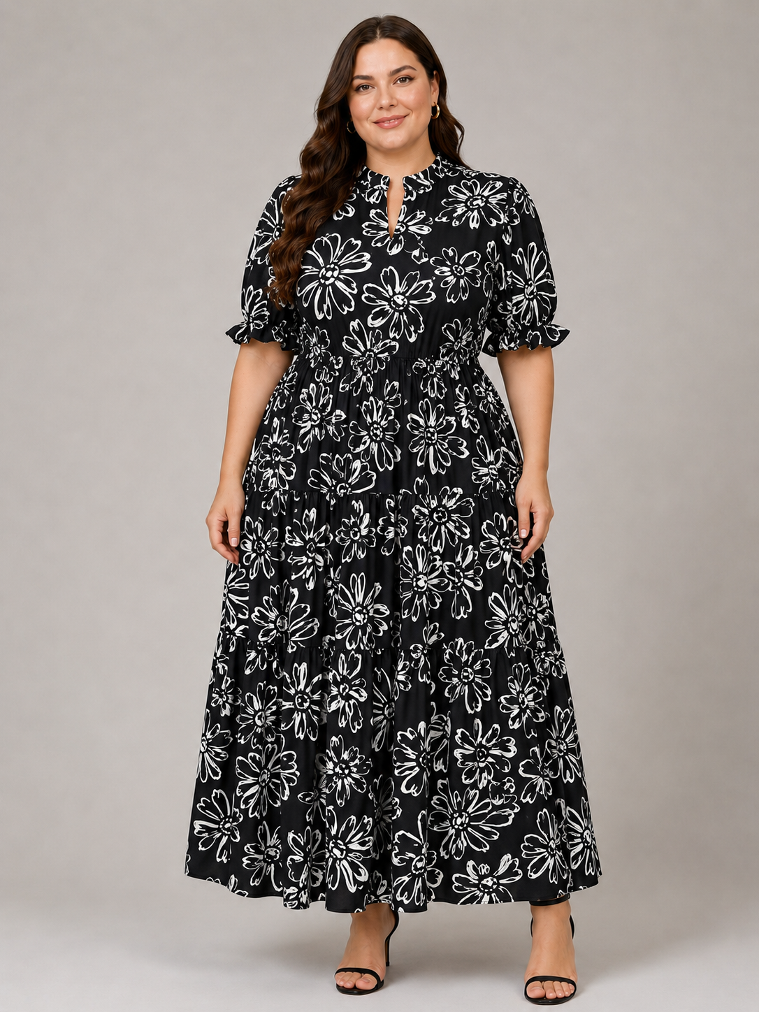 U&F Beyond Plus Size Black Maxi Dress with Mandarin Neck and Ruffle Sleeves