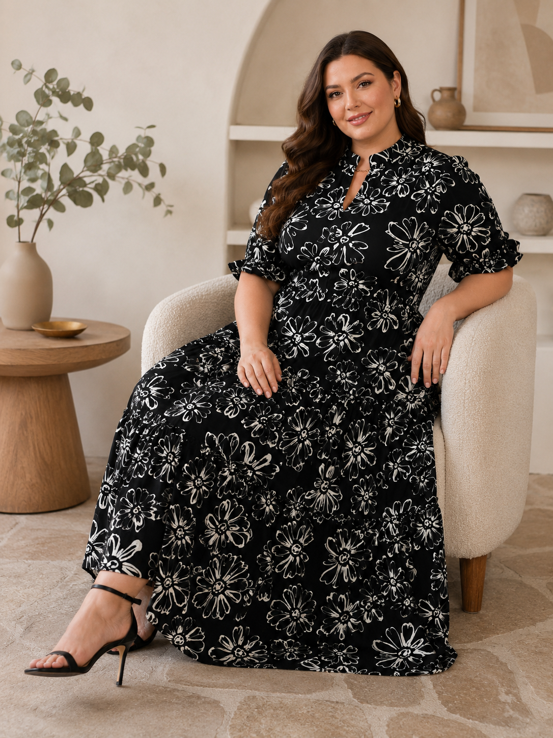 U&F Beyond Plus Size Black Maxi Dress with Mandarin Neck and Ruffle Sleeves