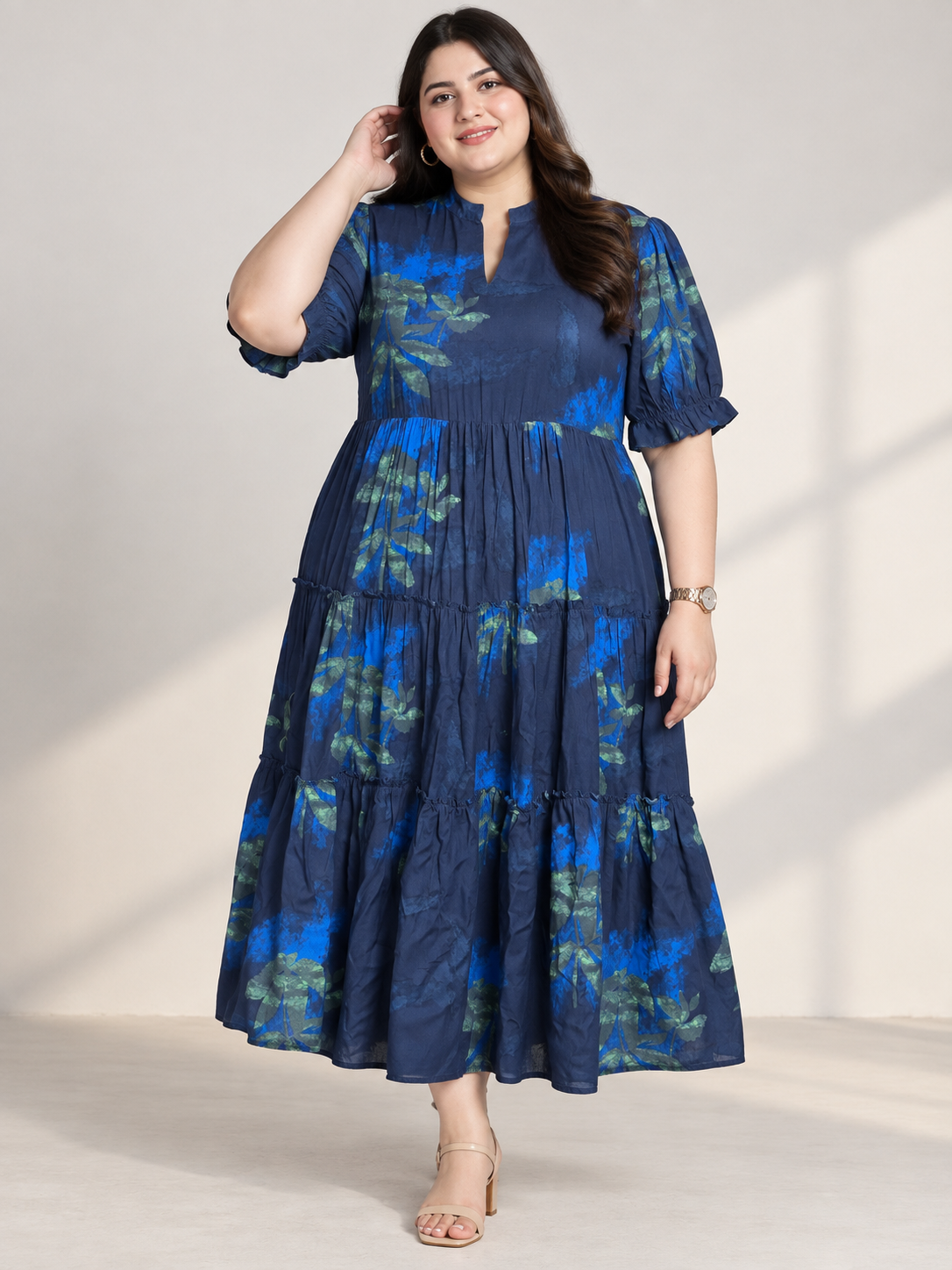 U&F Beyond 100% Cotton Plus Size Indigo Floral Cascade Maxi Dress