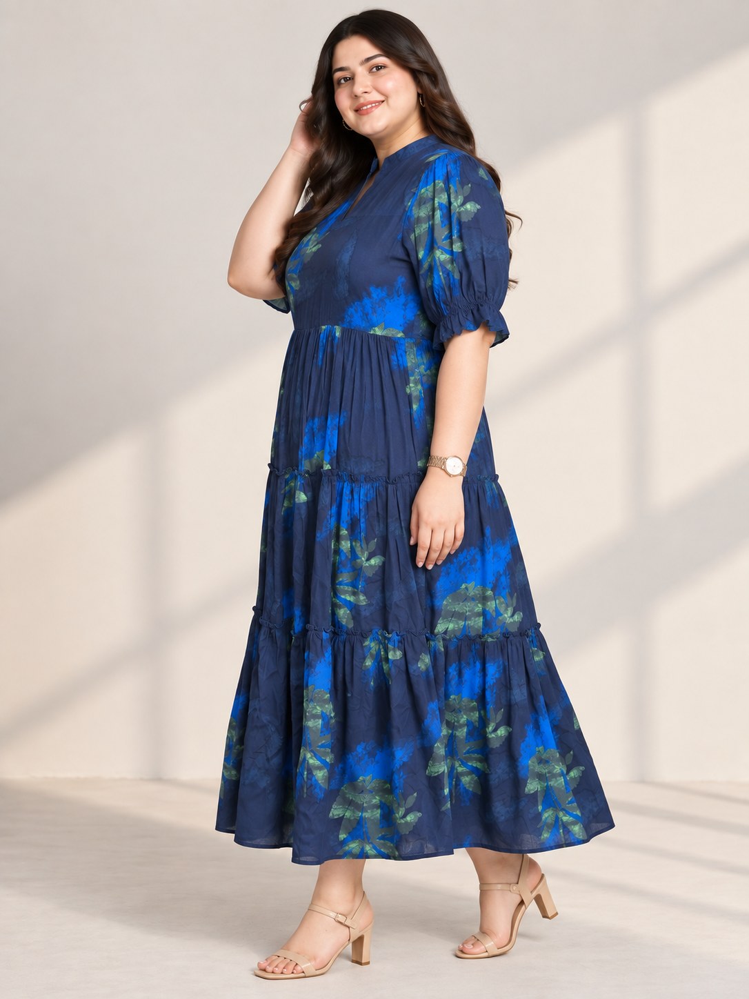 U&F Beyond 100% Cotton Plus Size Indigo Floral Cascade Maxi Dress