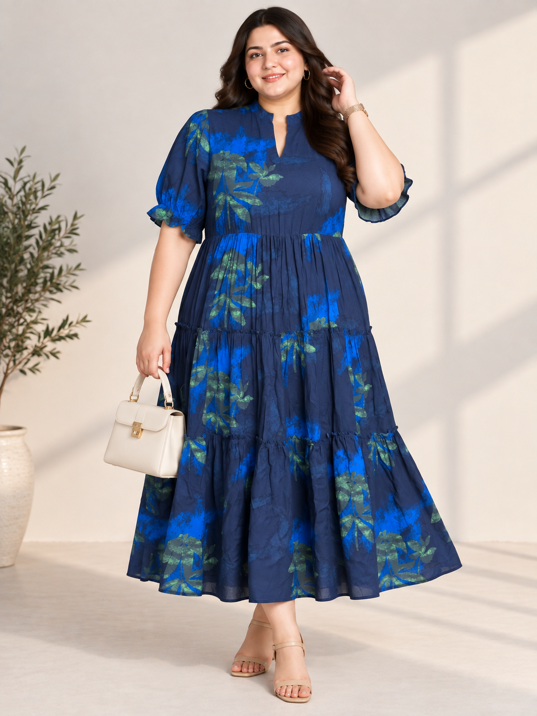 U&F Beyond 100% Cotton Plus Size Indigo Floral Cascade Maxi Dress