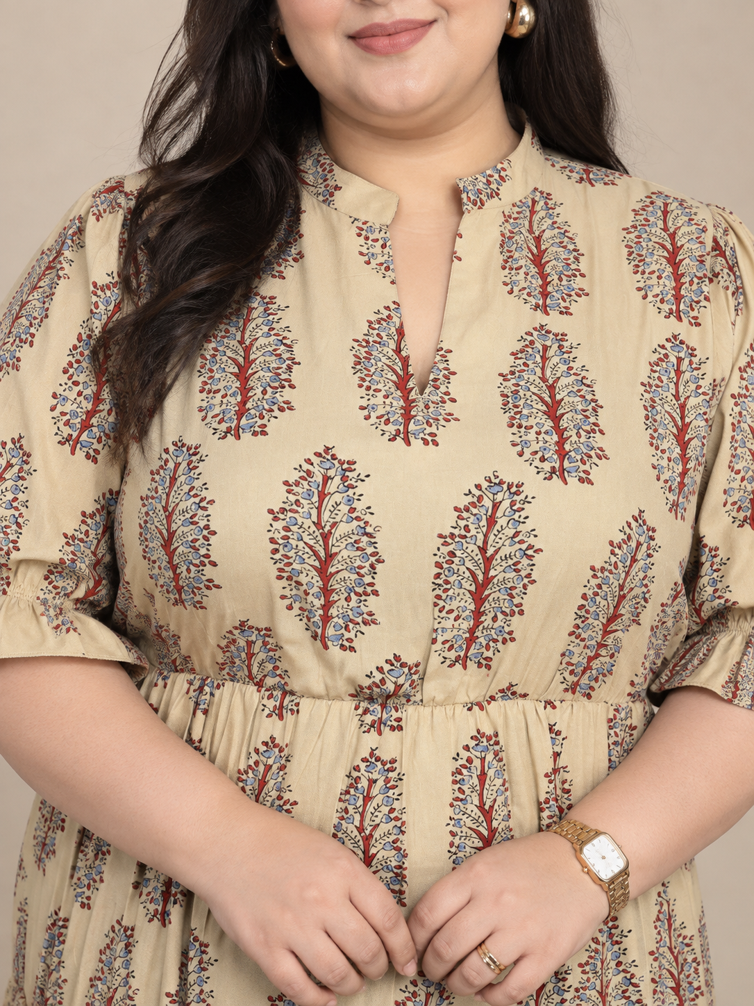 U&F Beyond 100% Cotton Plus Size Beige Botanical Block Print Tiered Midi Dress