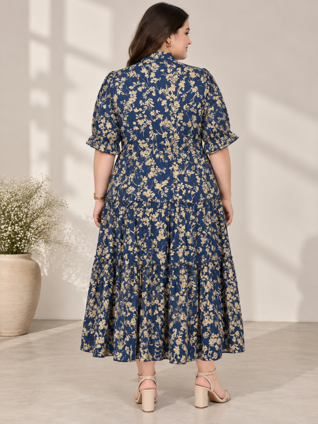 U&F Beyond 100% Cotton Navy Blue Plus Size Floral Print Tiered Midi Dress