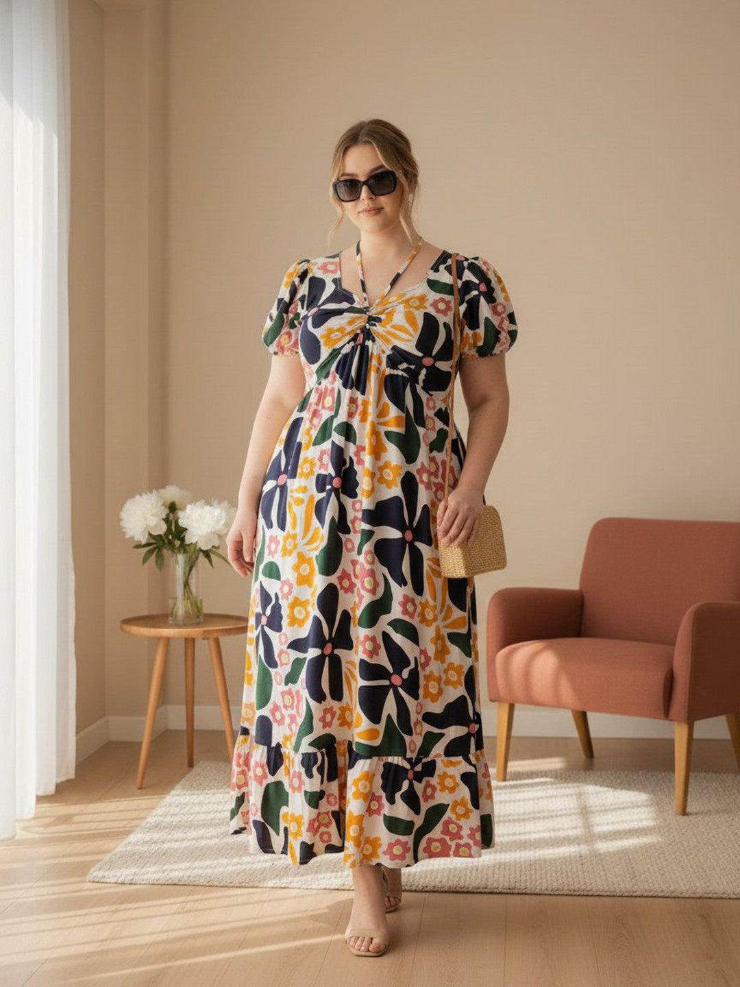 U&F Beyond Women Multicolor Floral Twist-Front Maxi Dress