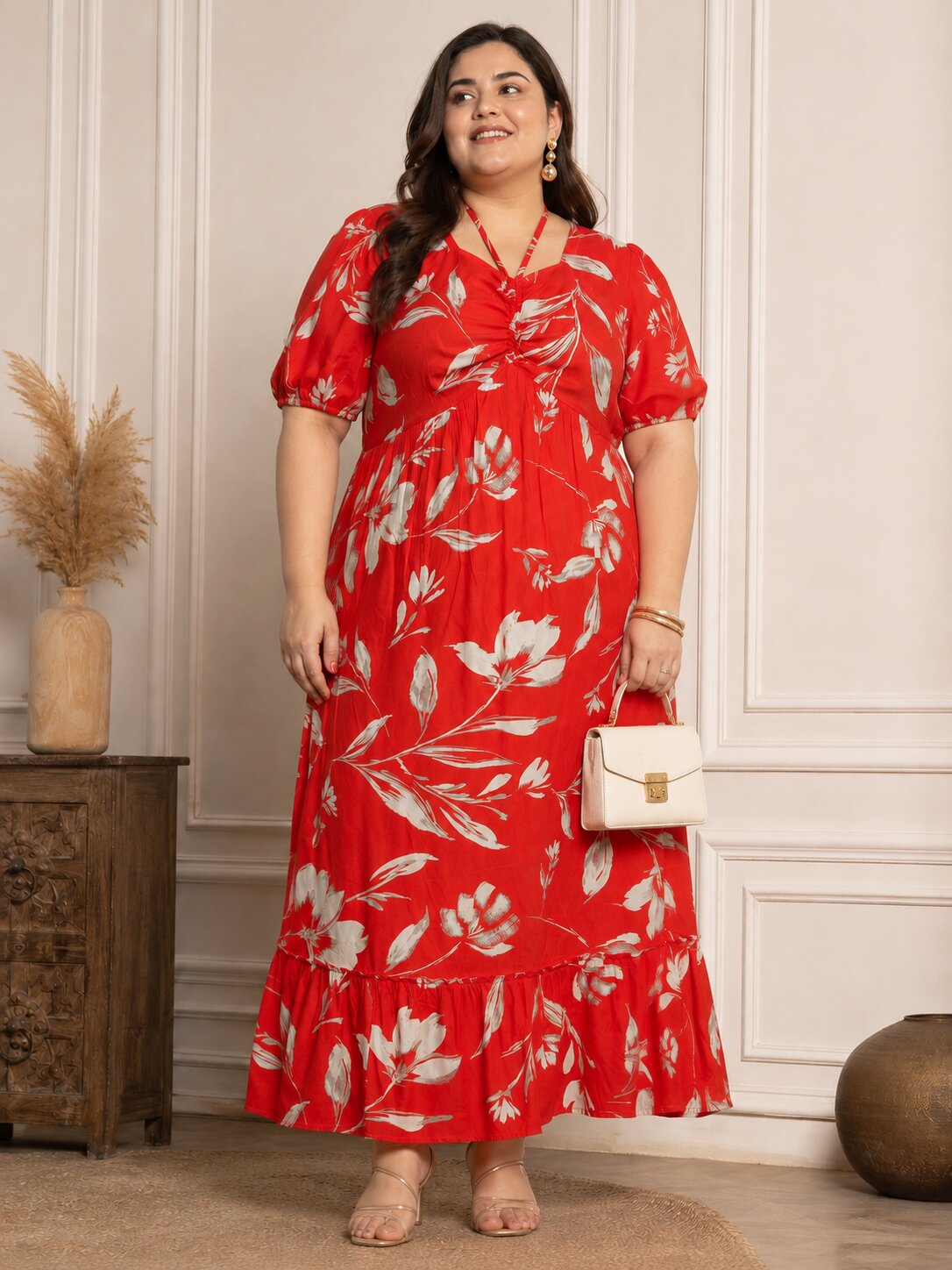 U&F Beyond Plus Size Cotton Red Floral Printed Tiered Maxi Dress