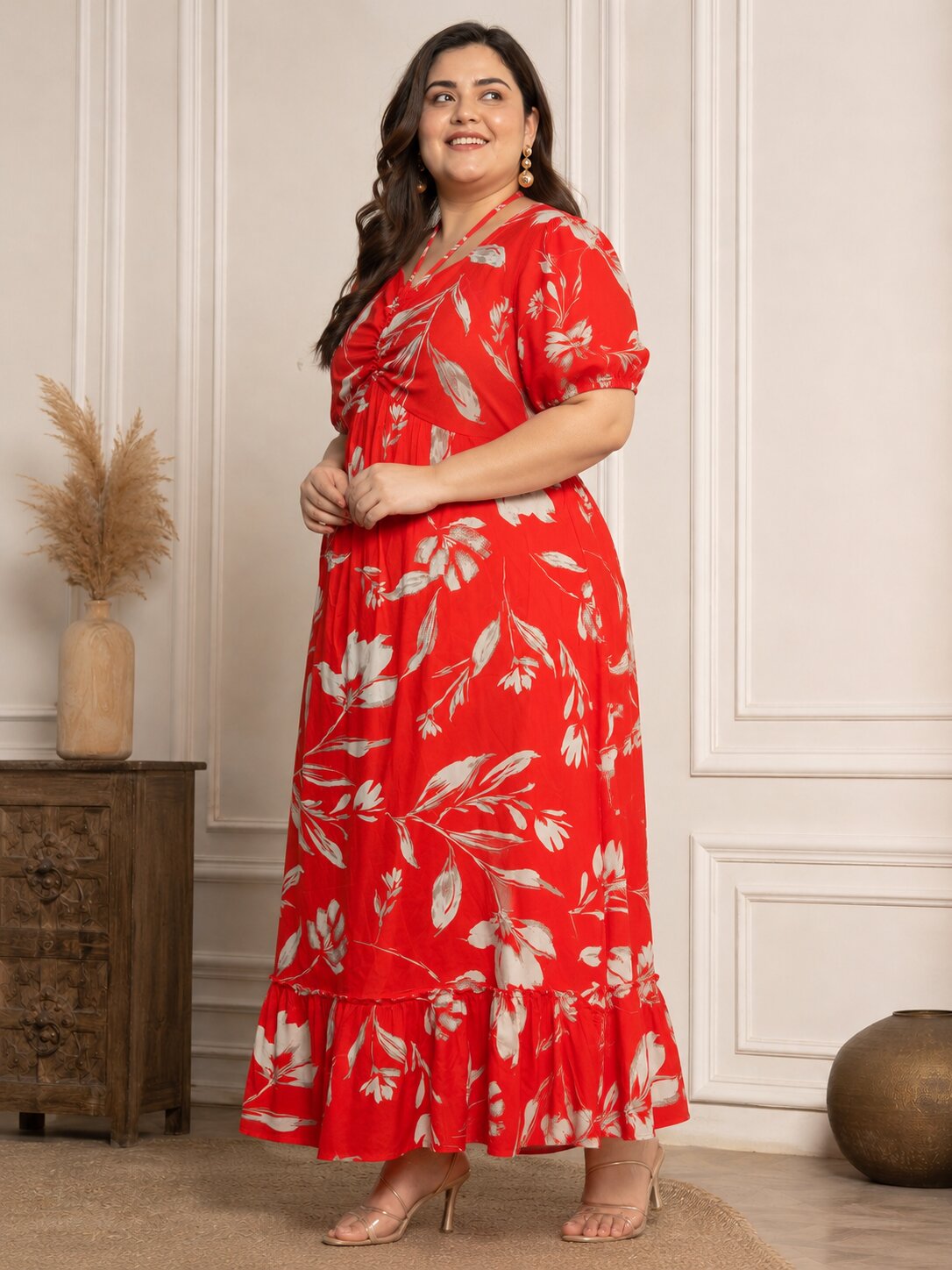U&F Beyond Plus Size Cotton Red Floral Printed Tiered Maxi Dress