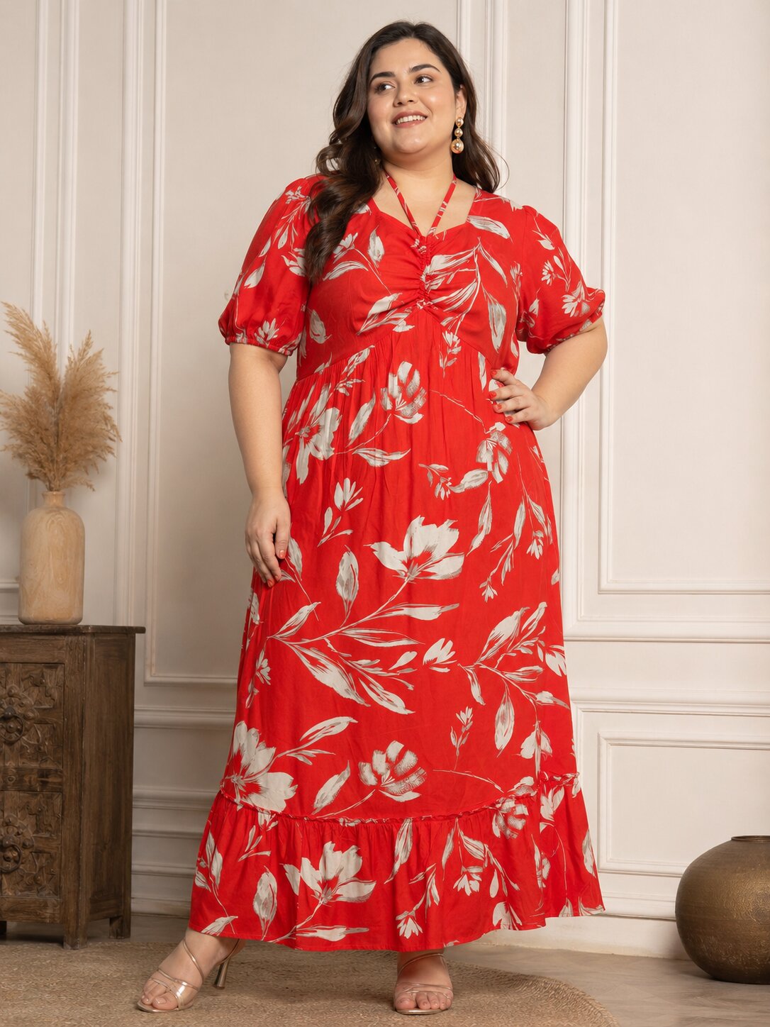 U&F Beyond Plus Size Cotton Red Floral Printed Tiered Maxi Dress