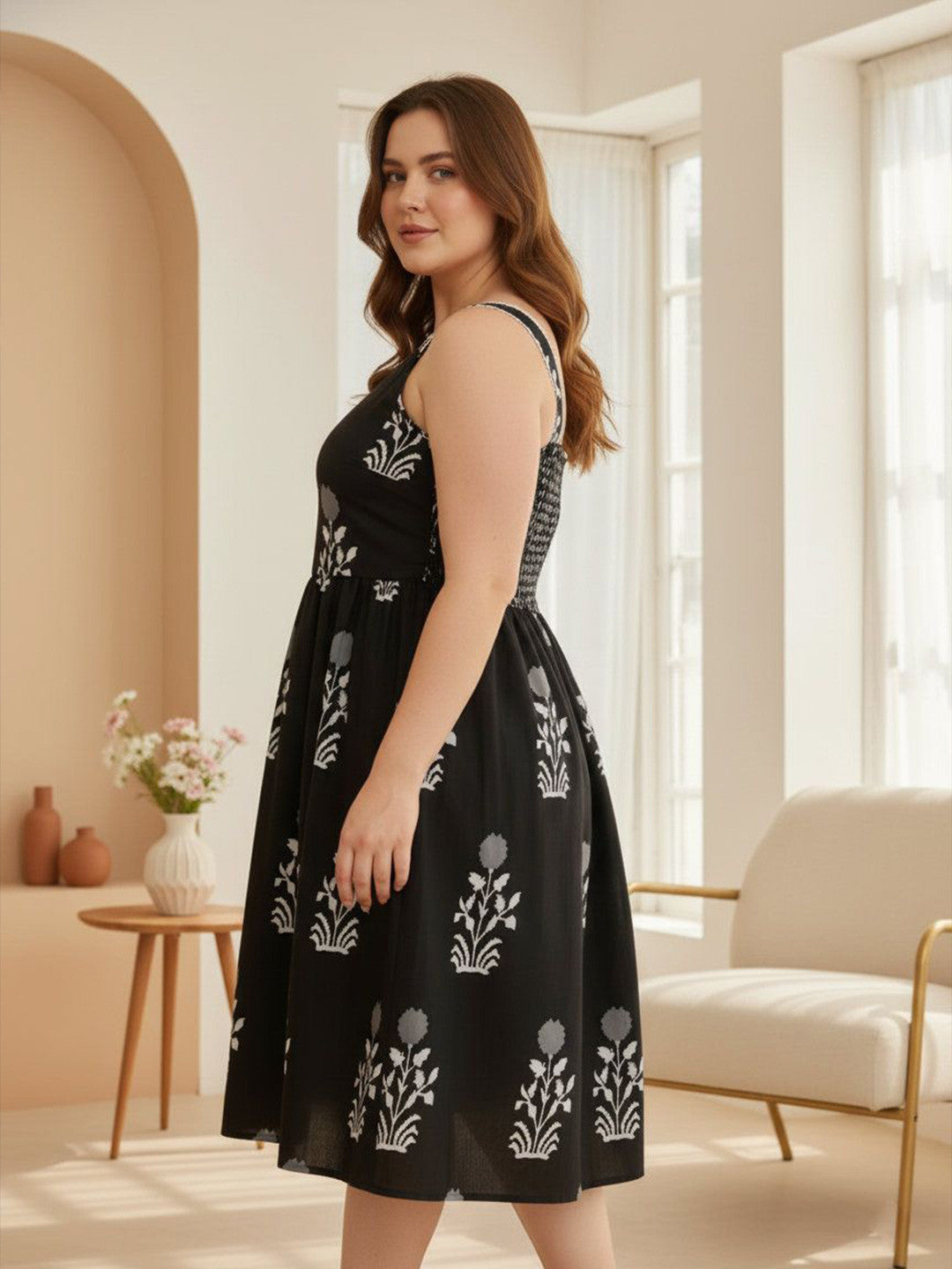 U&F Beyond Women Plus Size Black Floral Print Fit & Flare Midi Dress