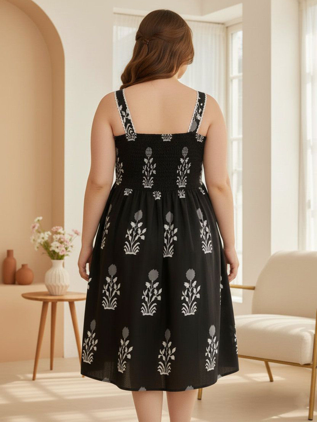 U&F Beyond Women Plus Size Black Floral Print Fit & Flare Midi Dress