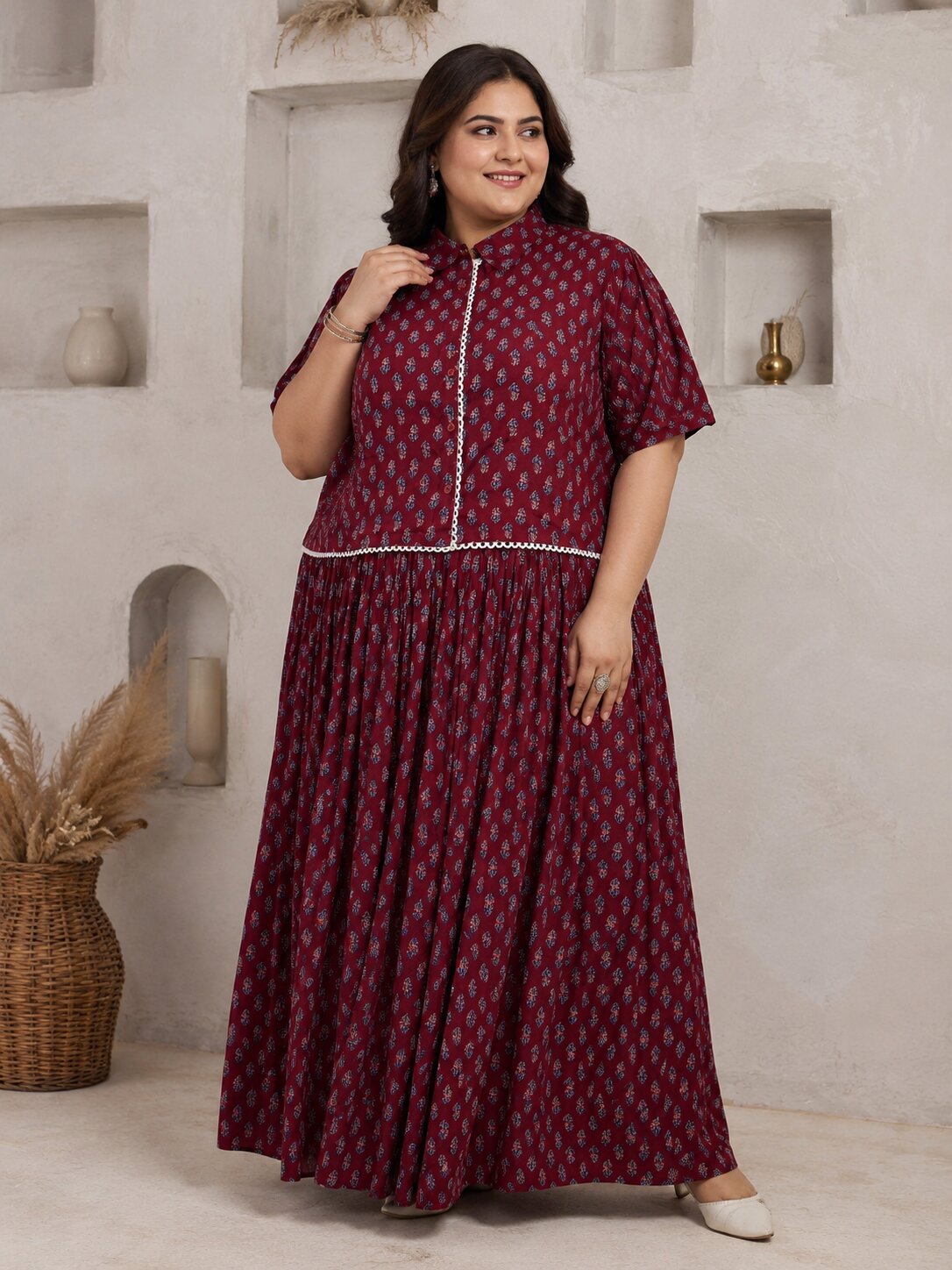 U&F Beyond Plus Size Maroon Printed Cotton Co-ord Set
