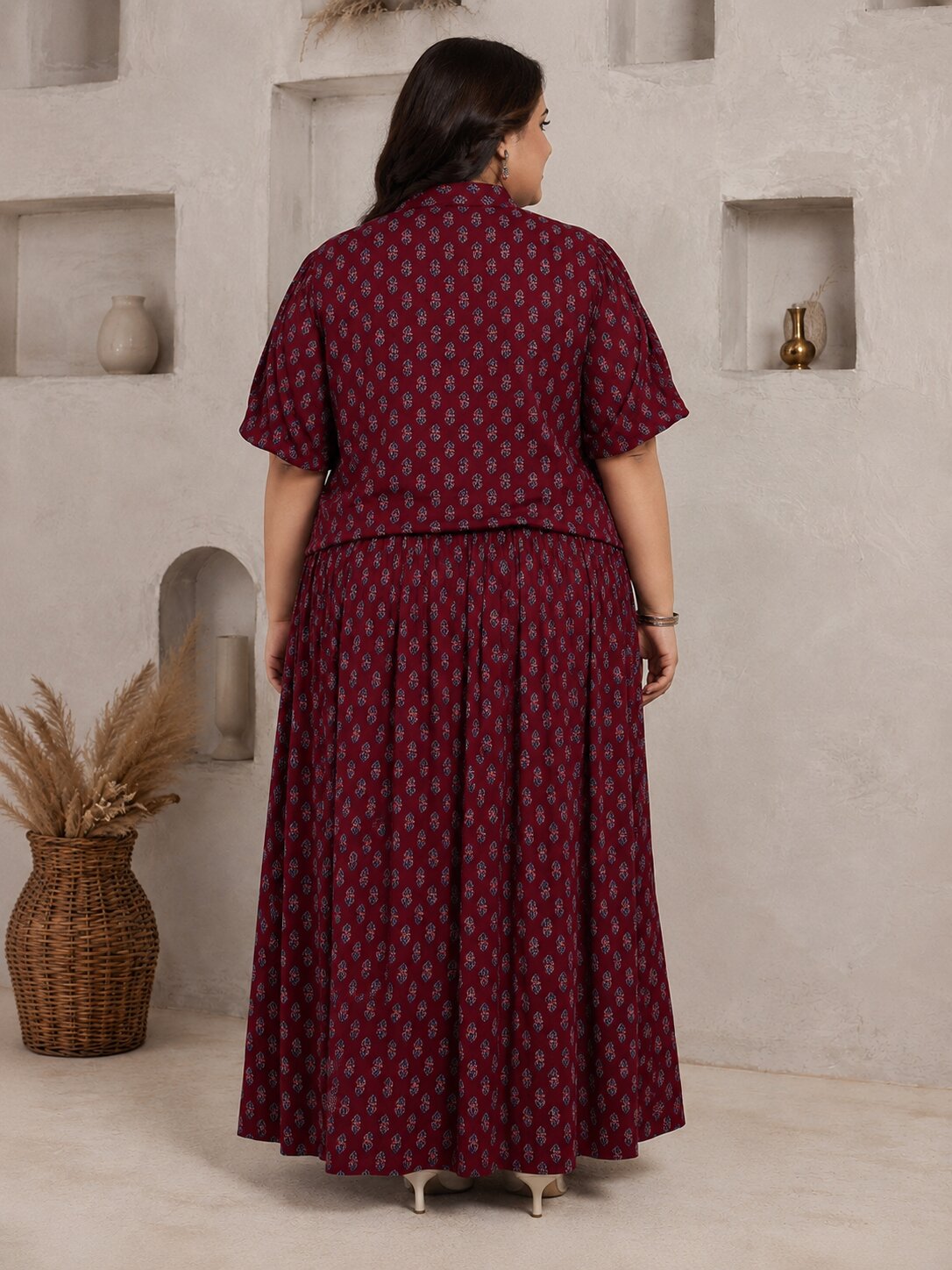 U&F Beyond Plus Size Maroon Printed Cotton Co-ord Set