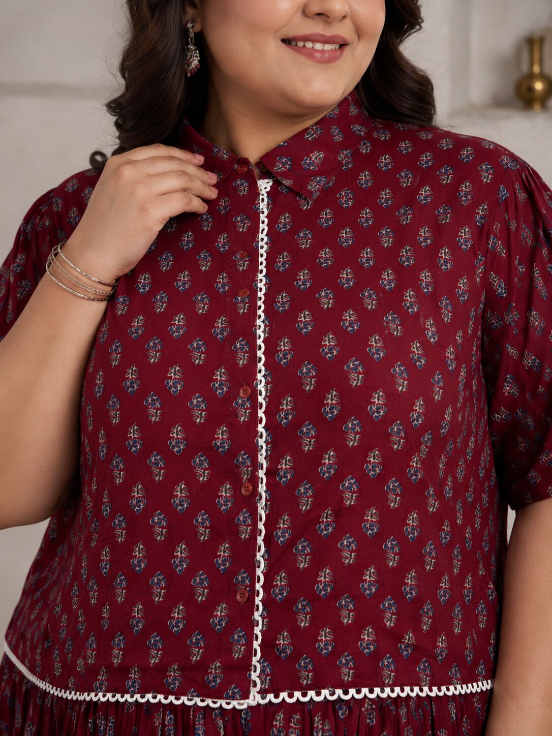 U&F Beyond Plus Size Maroon Printed Cotton Co-ord Set