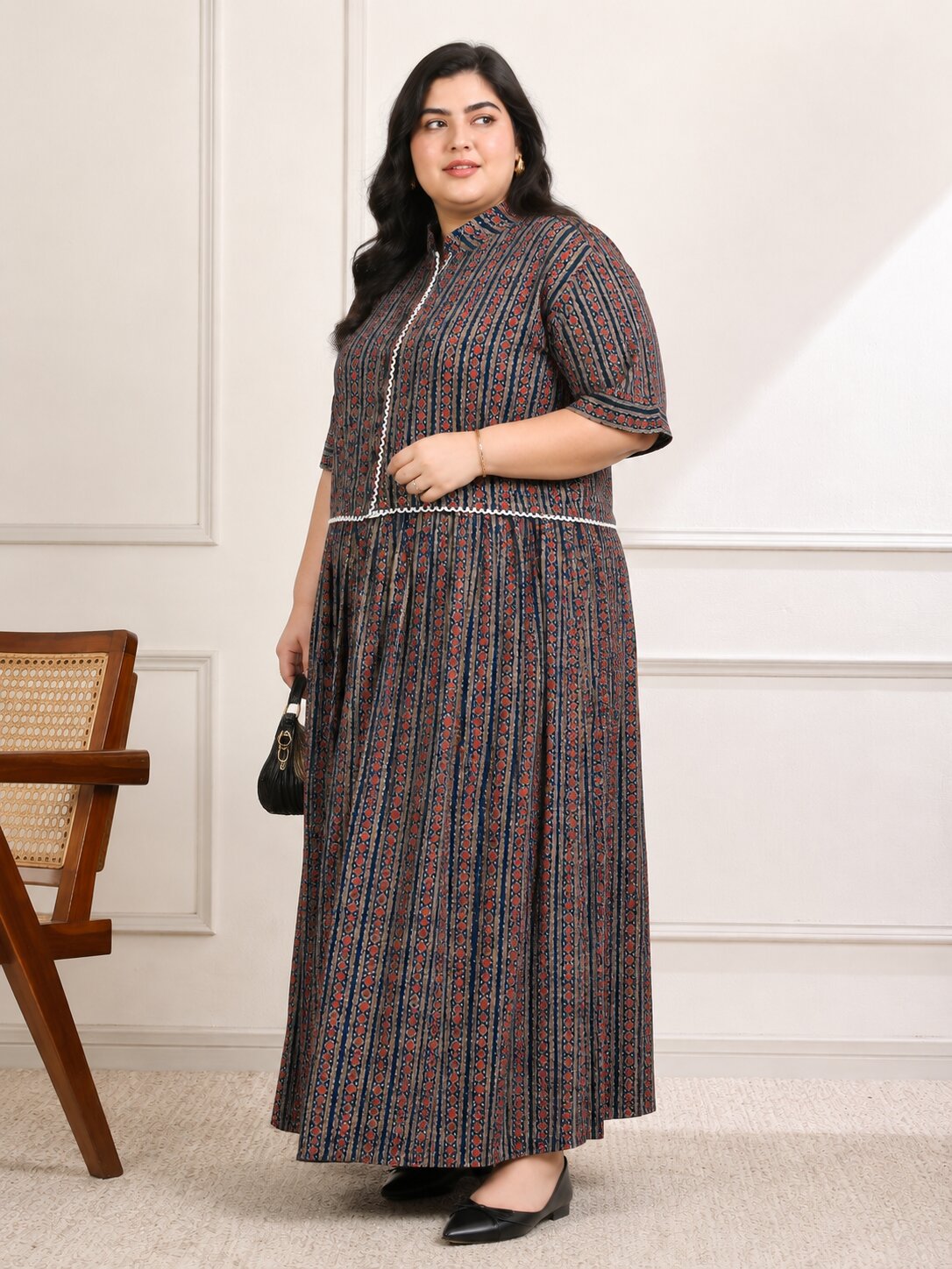 U&F Beyond Plus Size Navy Blue Printed Co-ord Set