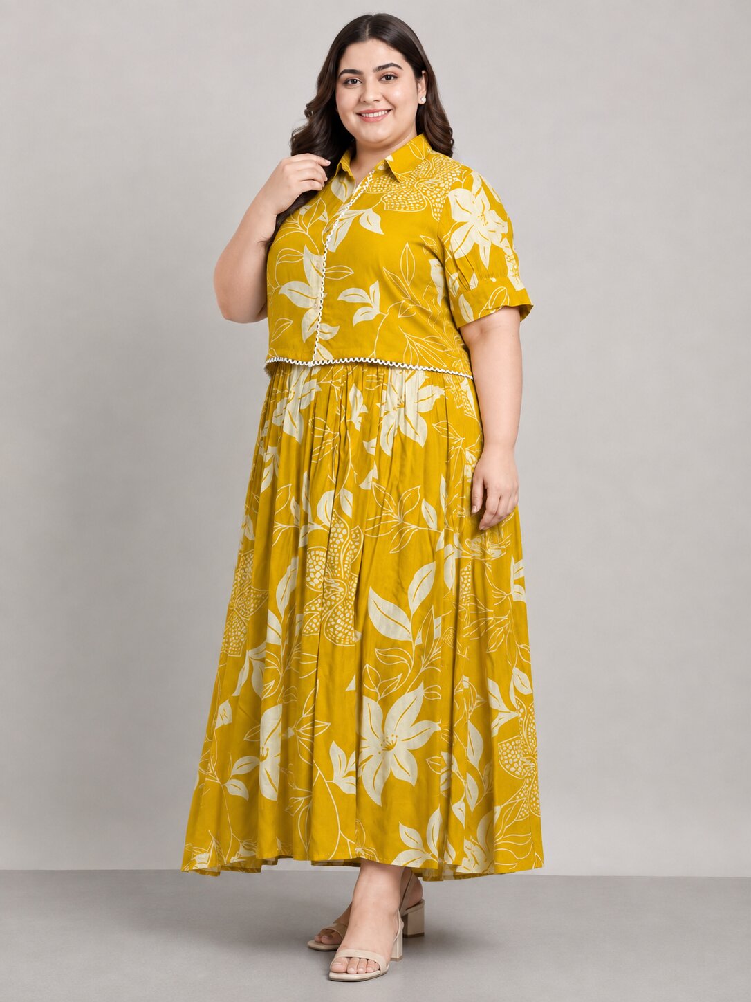 U&F Beyond Plus Size Golden Bloom Printed Co-ord Set