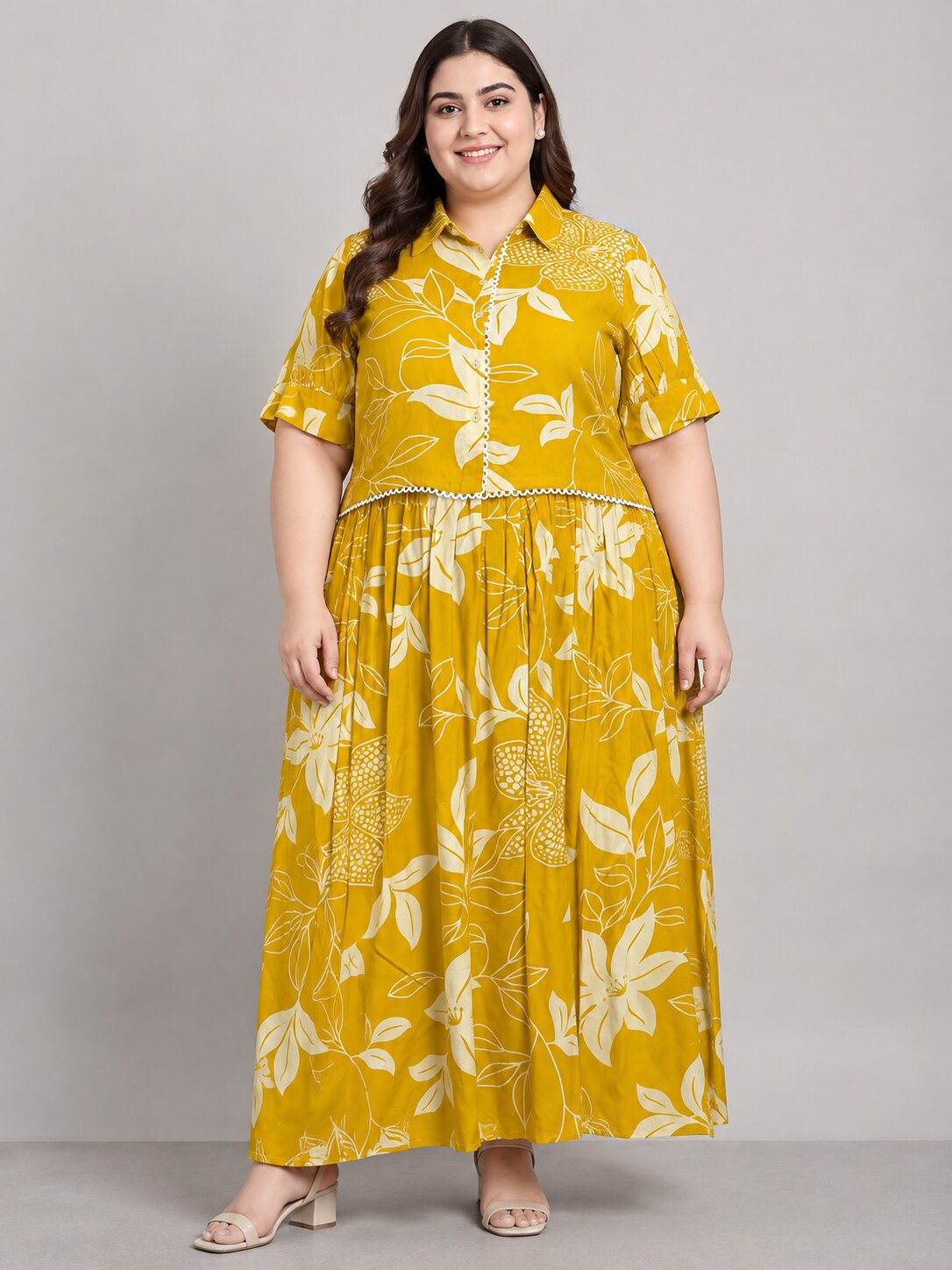 U&F Beyond Plus Size Golden Bloom Printed Co-ord Set