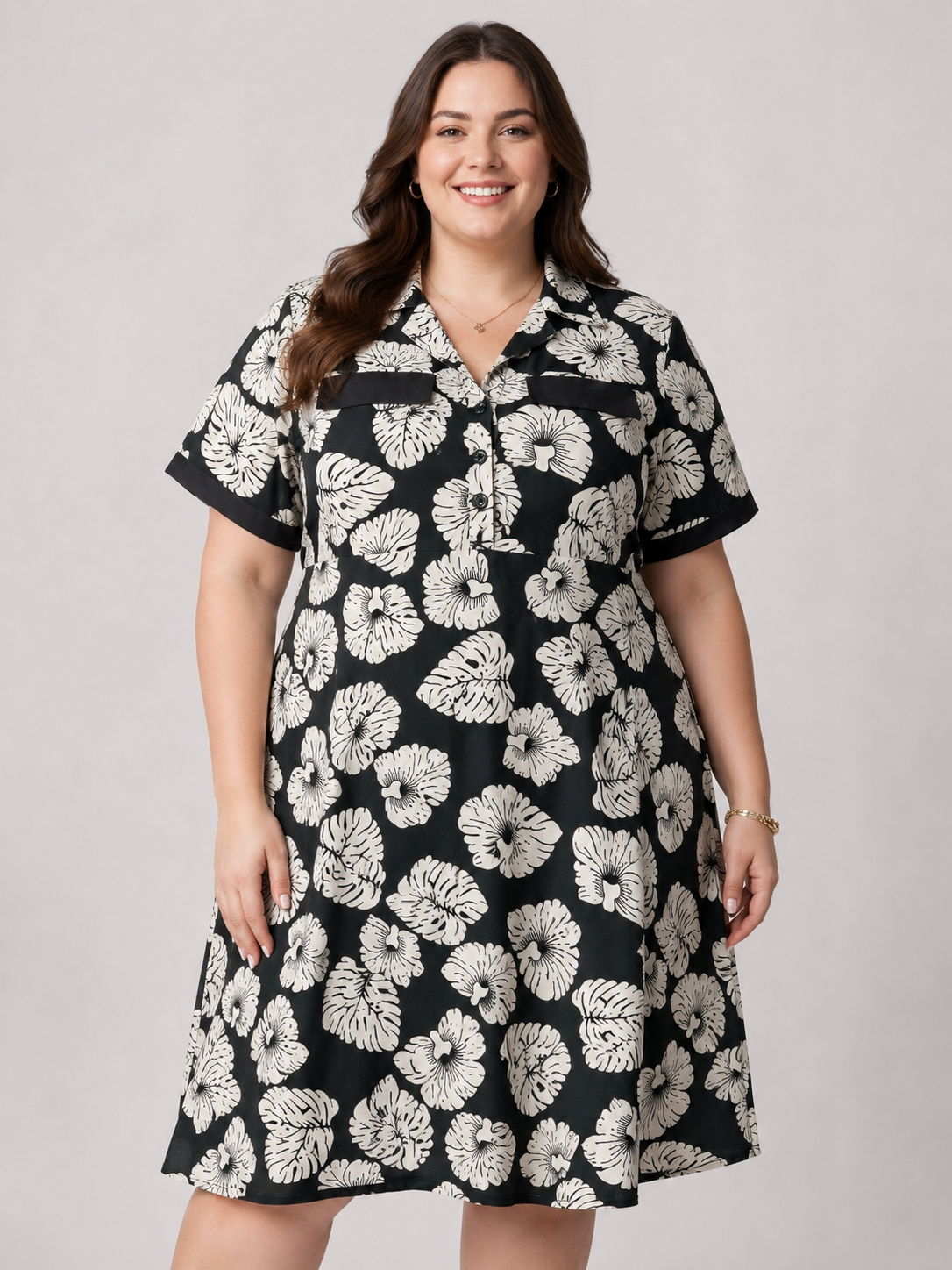 U&F Beyond Elegant Plus Size Black Floral A-Line Shirt Dress