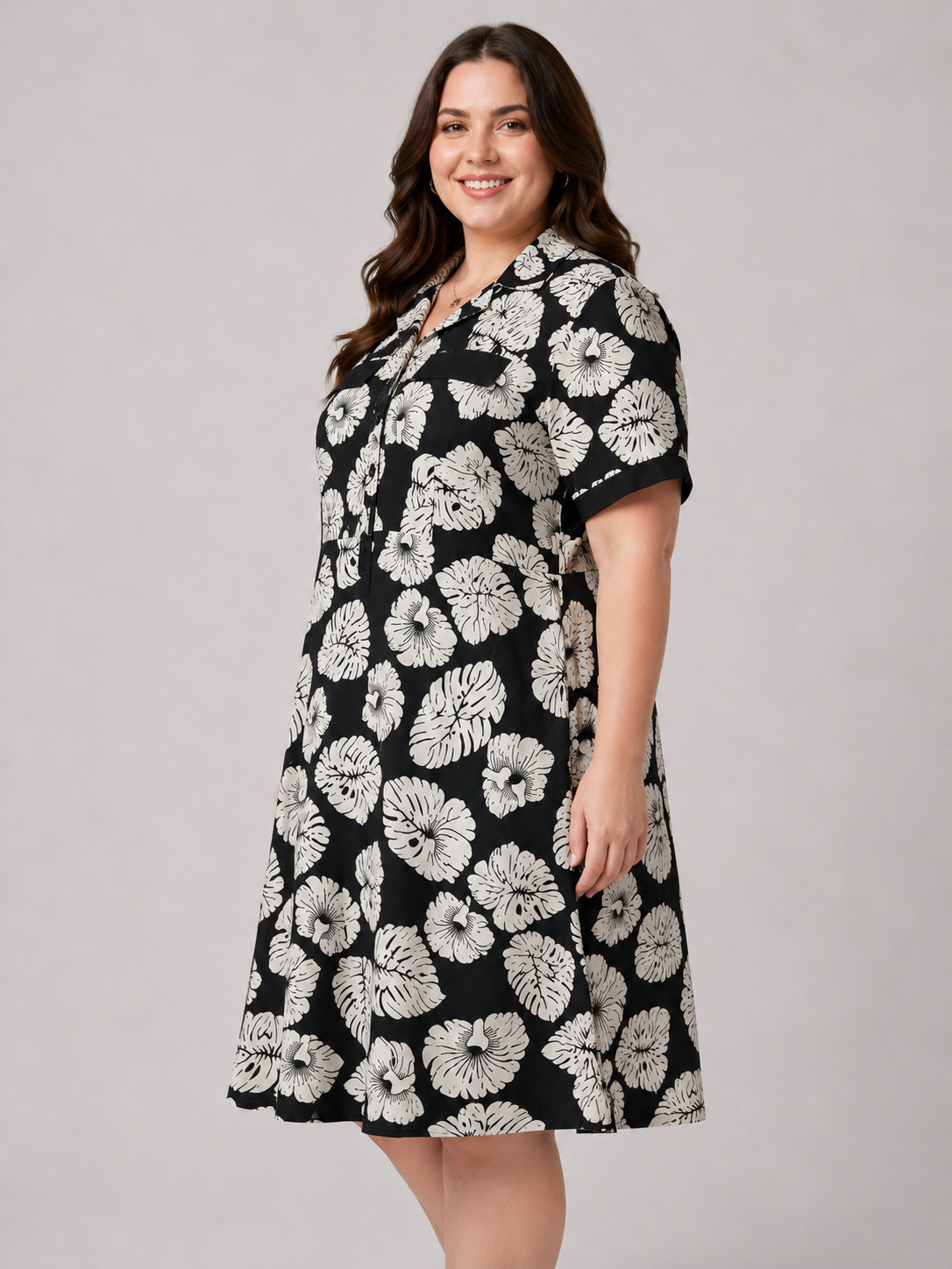 U&F Beyond Elegant Plus Size Black Floral A-Line Shirt Dress