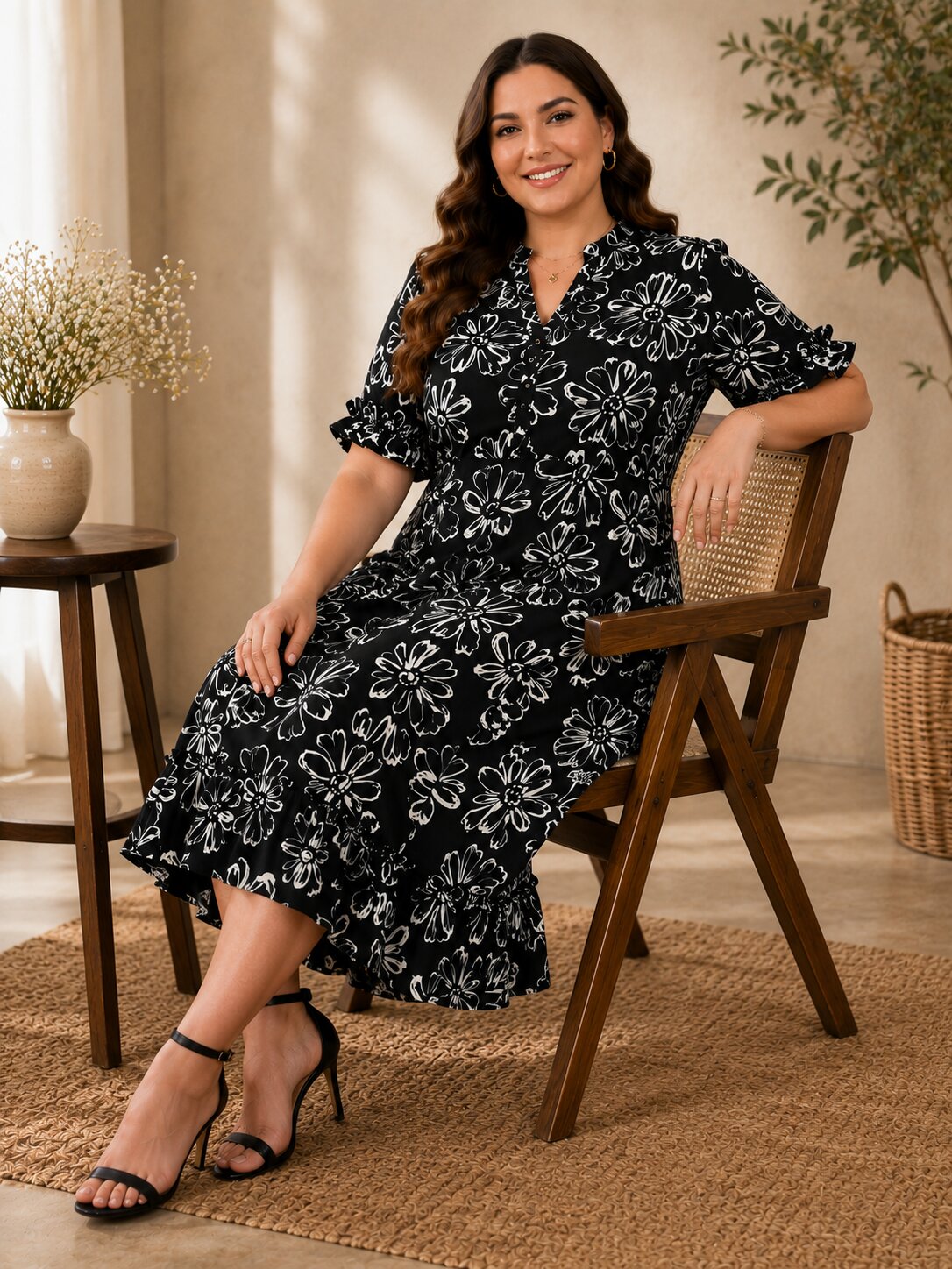 U&F Beyond Monochrome Floral Elegance Midi Dress