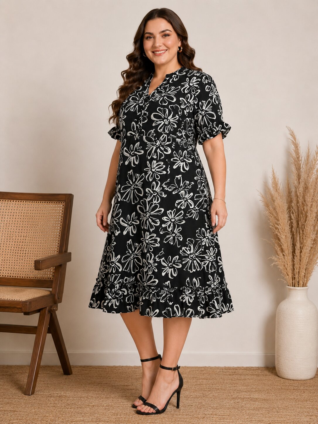 U&F Beyond Monochrome Floral Elegance Midi Dress