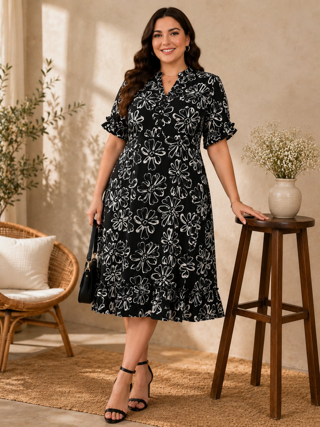 U&F Beyond Monochrome Floral Elegance Midi Dress