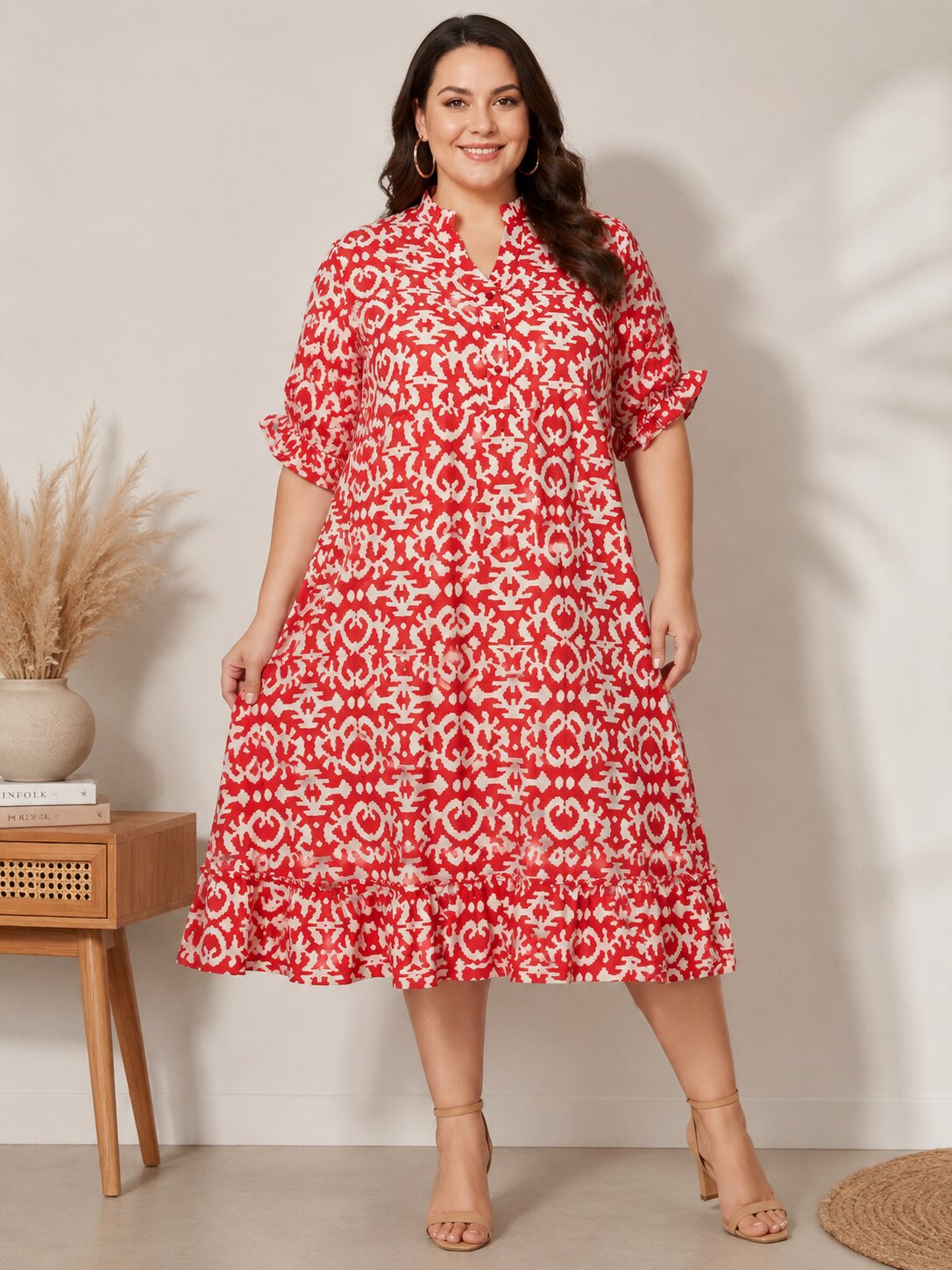 U&F Beyond Red Abstract Print Ruffle Hem Midi Dress