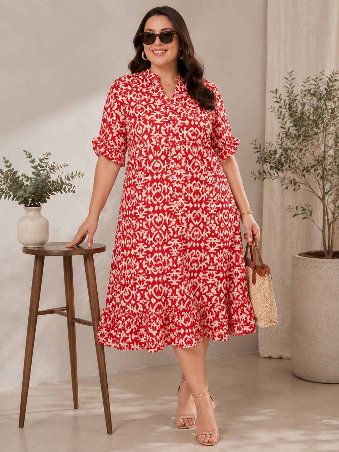 U&F Beyond Red Abstract Print Ruffle Hem Midi Dress