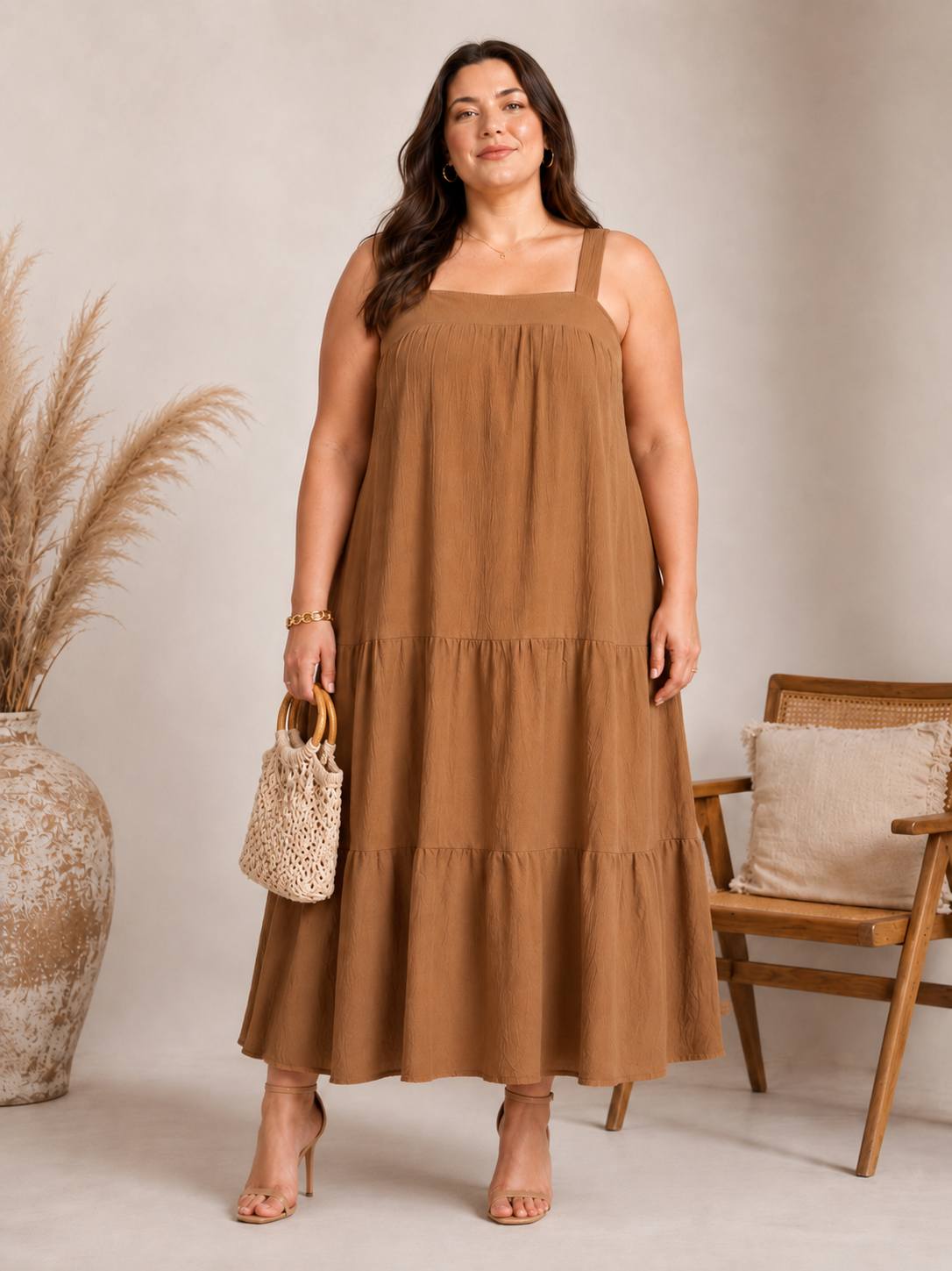 U&F Beyond Brown Solid Tiered Plus Size A-Line Maxi Dress