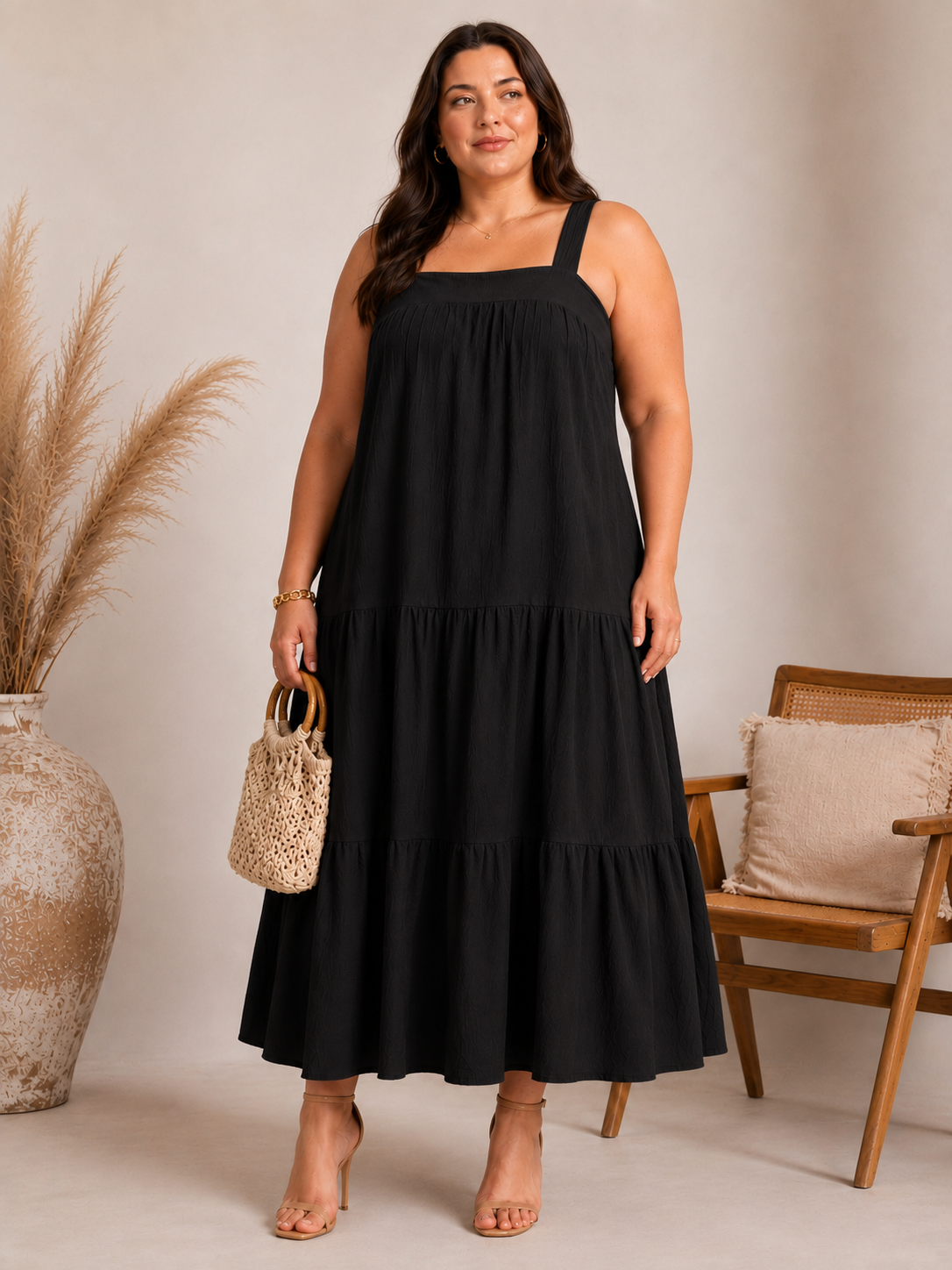 U&F Beyond Elegant Black Tiered A-Line Maxi Dress