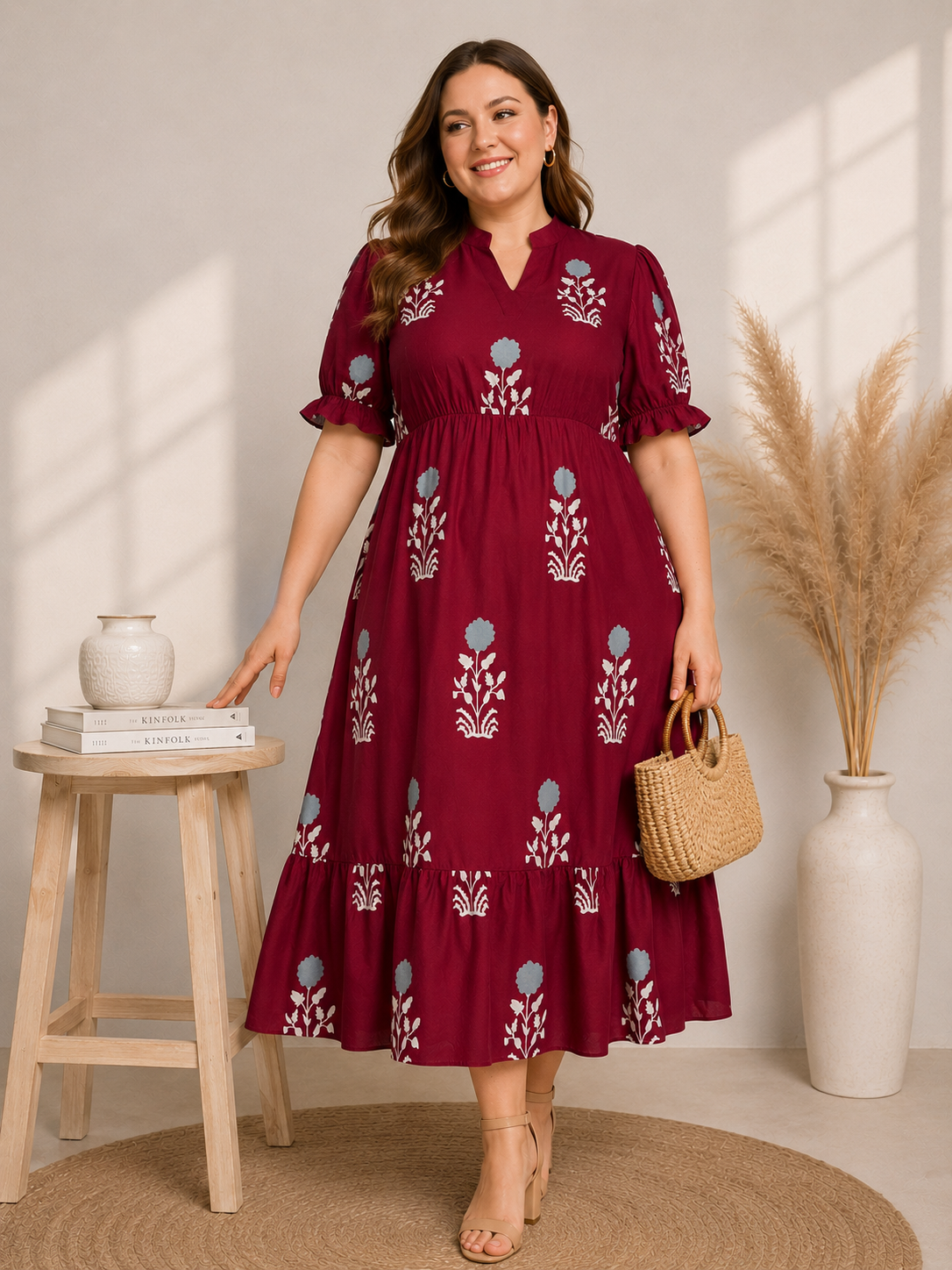U&F Beyond Maroon Floral Printed Empire Waist Tiered Rayon Plus Size Midi Dress