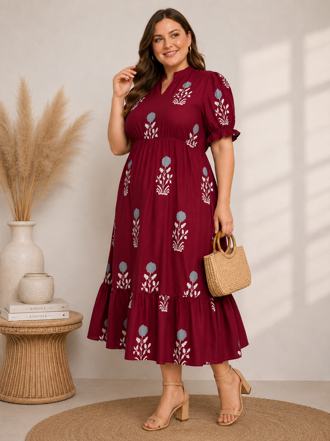 U&F Beyond Maroon Floral Printed Empire Waist Tiered Rayon Plus Size Midi Dress