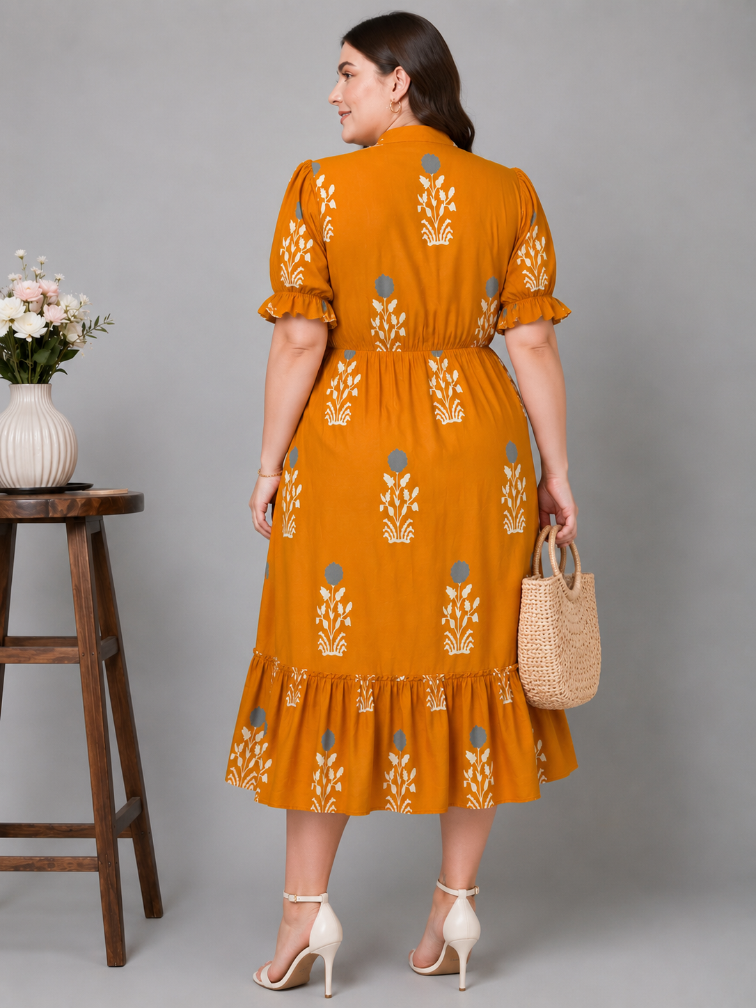 U&F Beyond Yellow Floral Motif Printed Empire Waist Tiered Rayon Plus Size Midi Dress