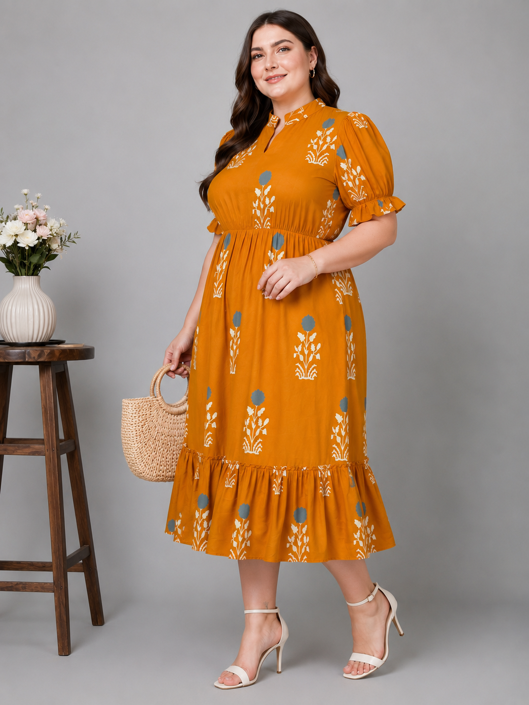 U&F Beyond Yellow Floral Motif Printed Empire Waist Tiered Rayon Plus Size Midi Dress