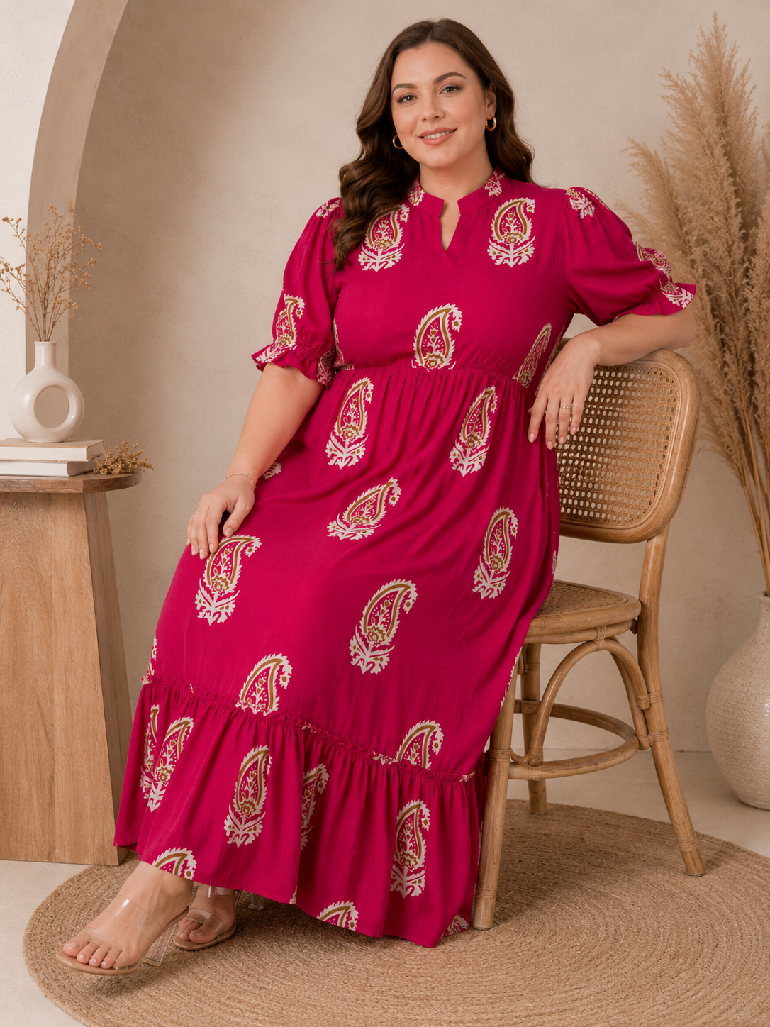 U&F Beyond Pink Paisley Printed Empire Waist Tiered Rayon Plus Size Midi Dress