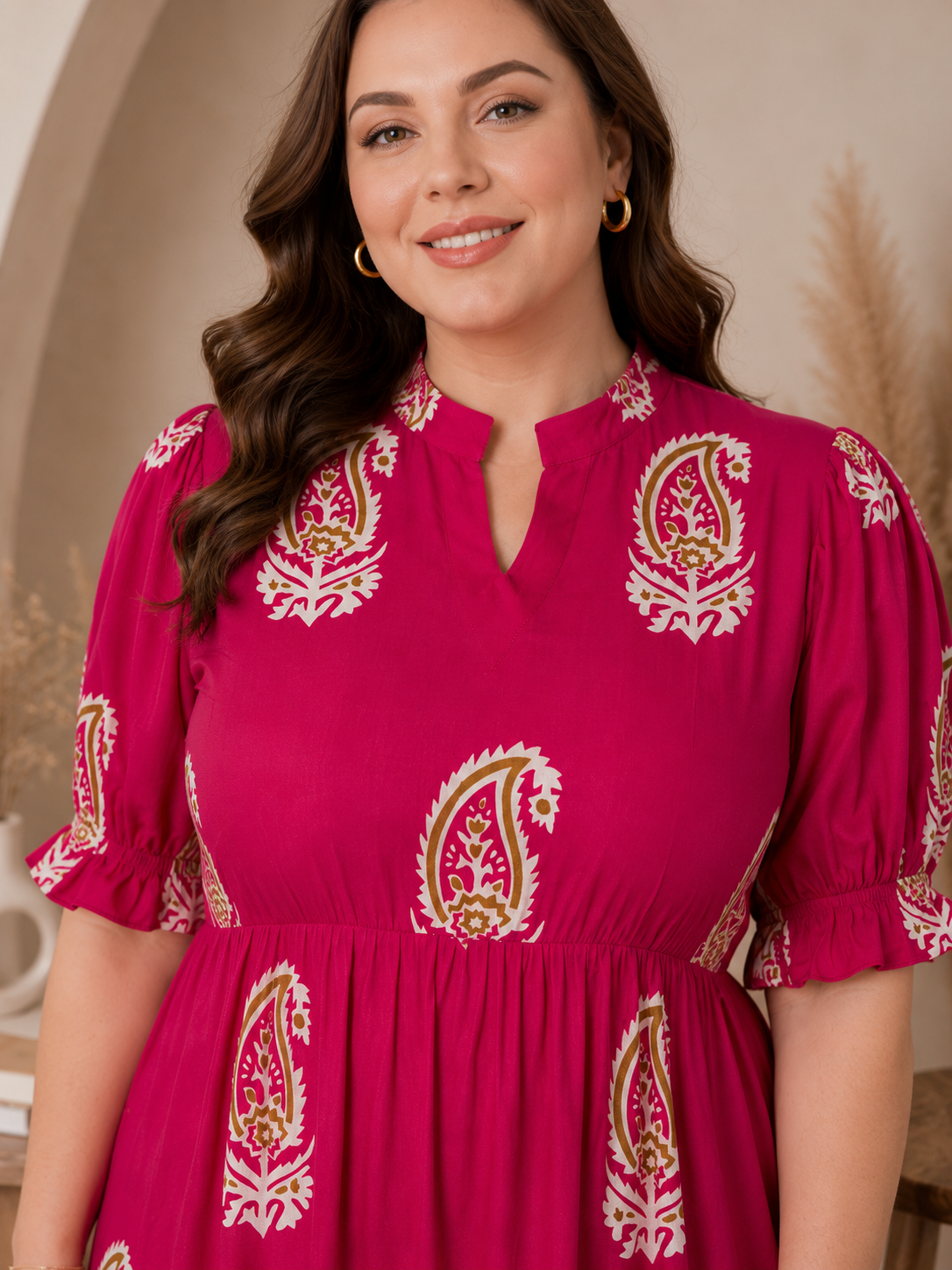 U&F Beyond Pink Paisley Printed Empire Waist Tiered Rayon Plus Size Midi Dress