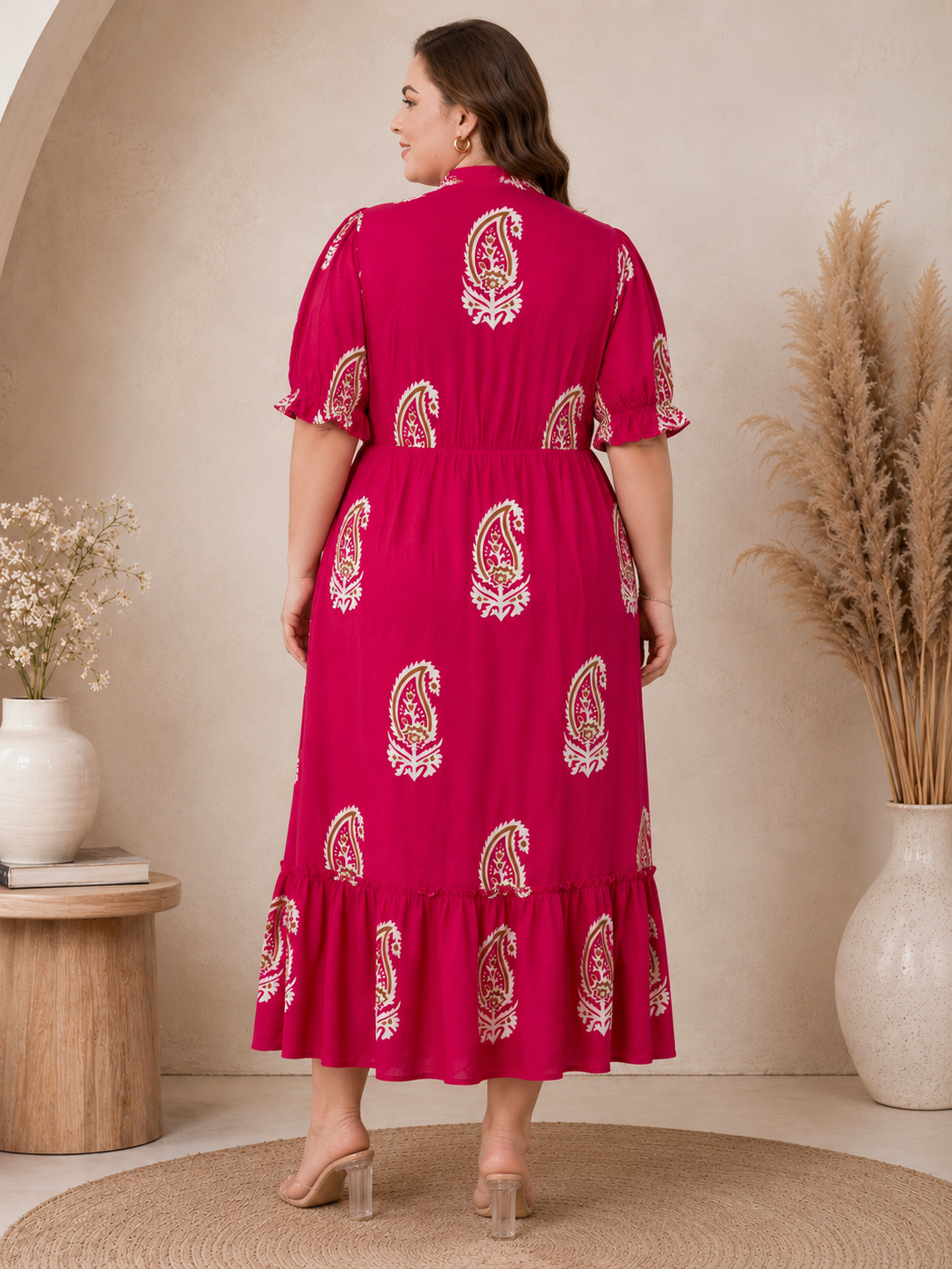 U&F Beyond Pink Paisley Printed Empire Waist Tiered Rayon Plus Size Midi Dress