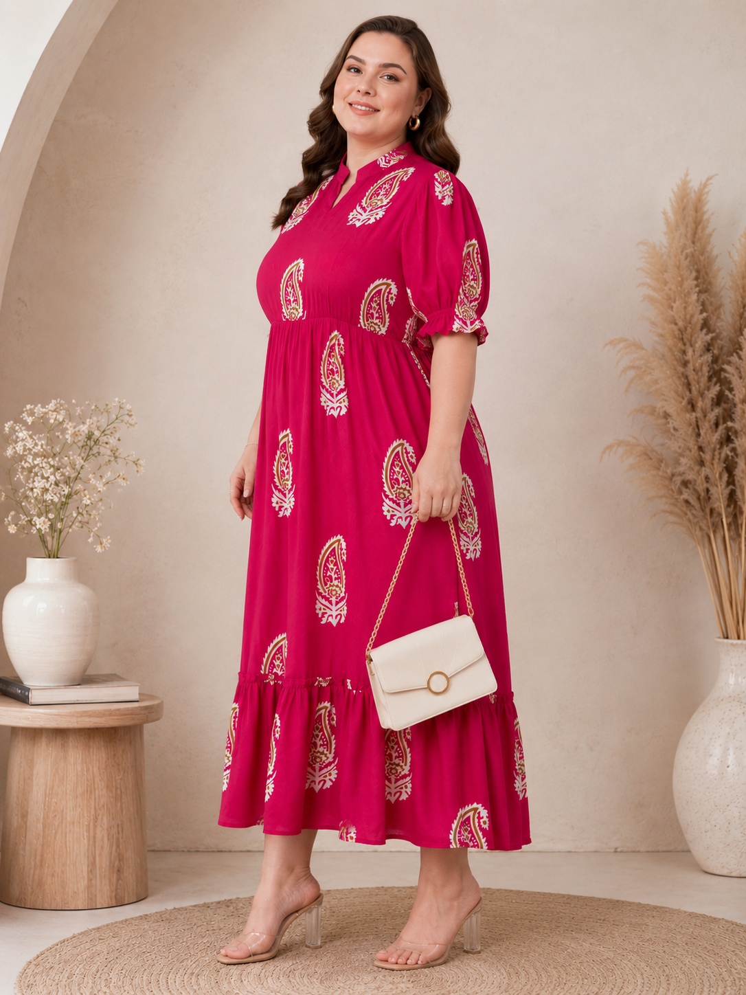 U&F Beyond Pink Paisley Printed Empire Waist Tiered Rayon Plus Size Midi Dress