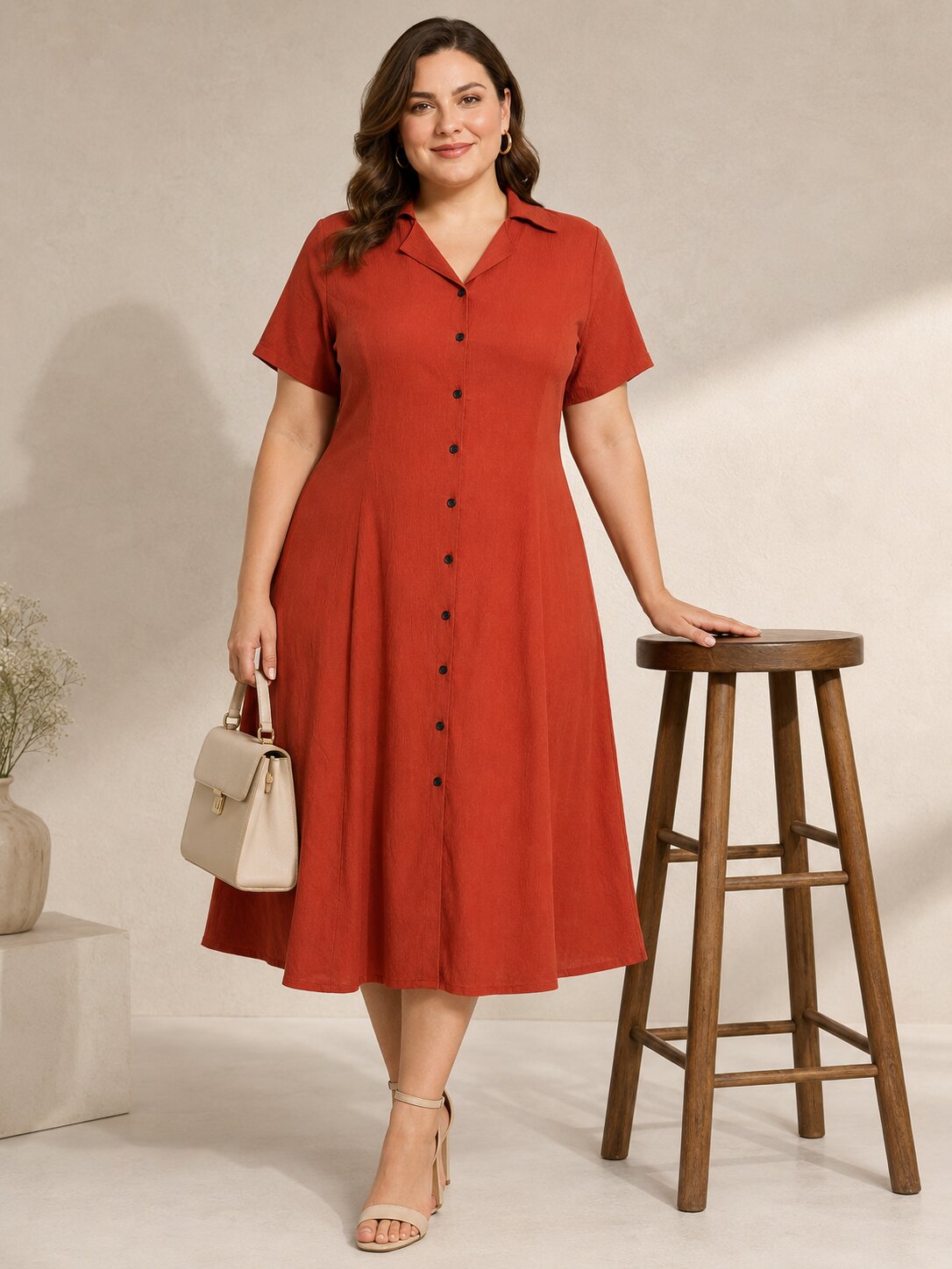 U&F Beyond Plus Size Rust Solid Fit & Flare Midi Dress