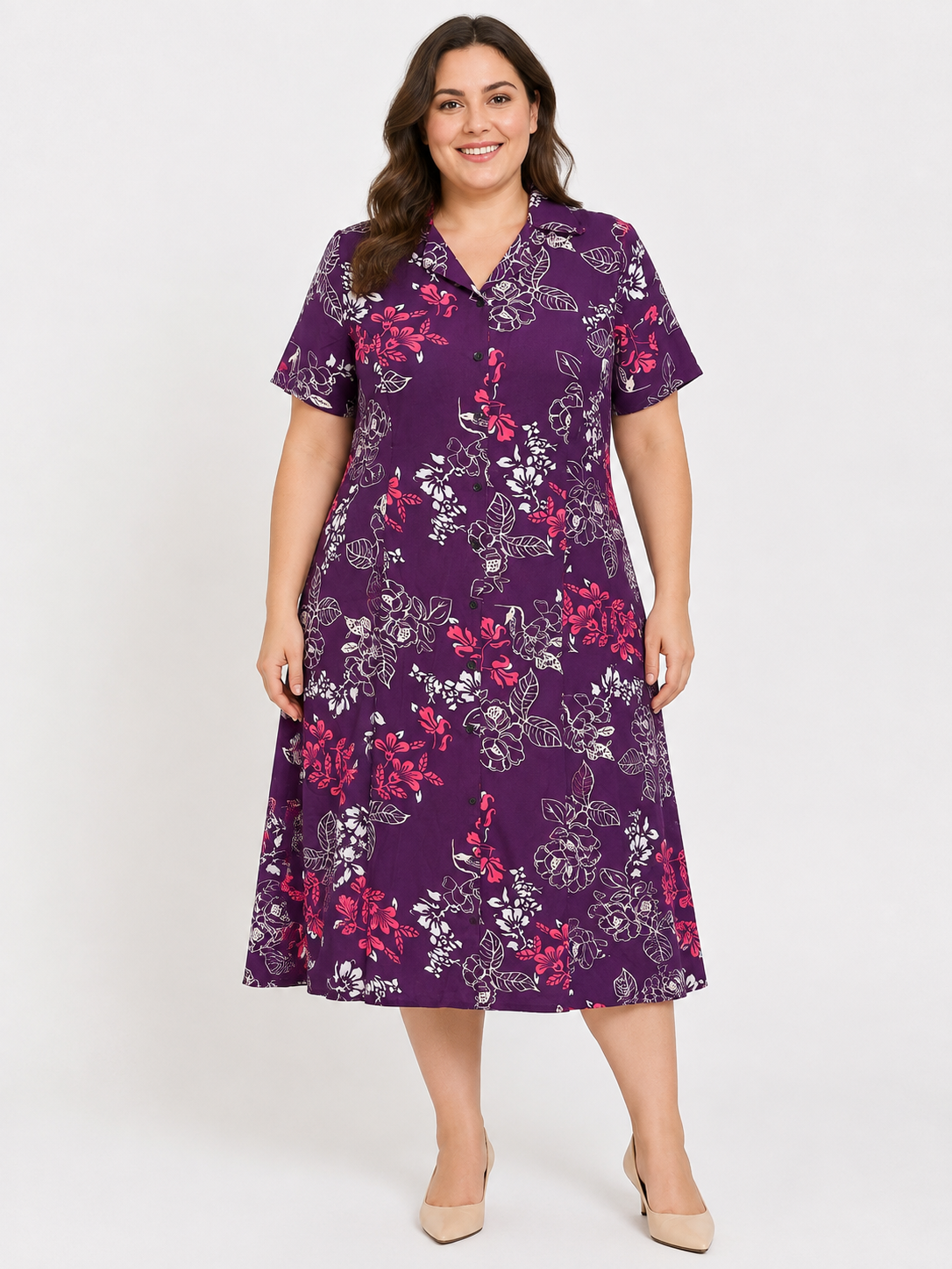 U&F Beyond Plus Size Purple Floral Printed Fit & Flare Midi Dress